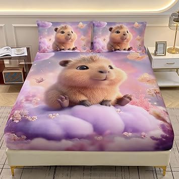 AILONEN Cartoon Capybara Fitted Sheet Set Twin Size,Dreamy Cloud Butterfly Bedding Set for Kids,3D Kawaii Capybara Rodent Animal Deep Pocket Sheets & 2 Pillowcases,3Pcs