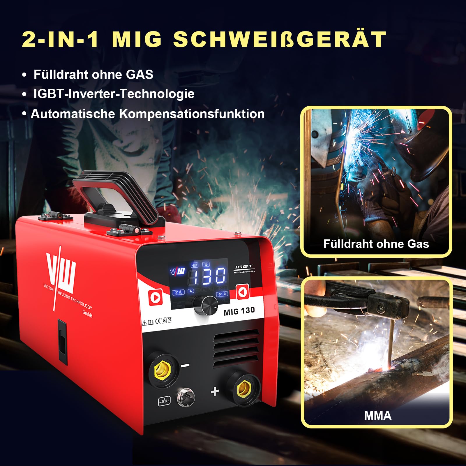 MIG Schweißgerät 130 A, Fülldraht Schweissgerät Set für Anfänger, IGBT Interver Schweißgerät mit Schweißhelm, Elektrodenschweißfunktion, VECTOR WELDING