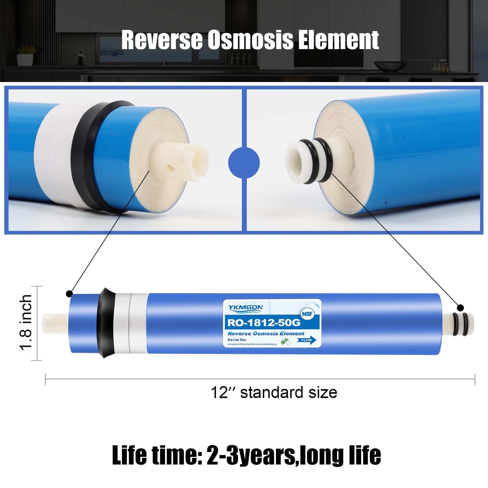 Elemento de membrana RO de ósmosis inversa de 50 GPD, filtro de agua de repuesto de 12 x 1.8 pulgadas o sistema purificador de agua para beber bajo el fregadero
