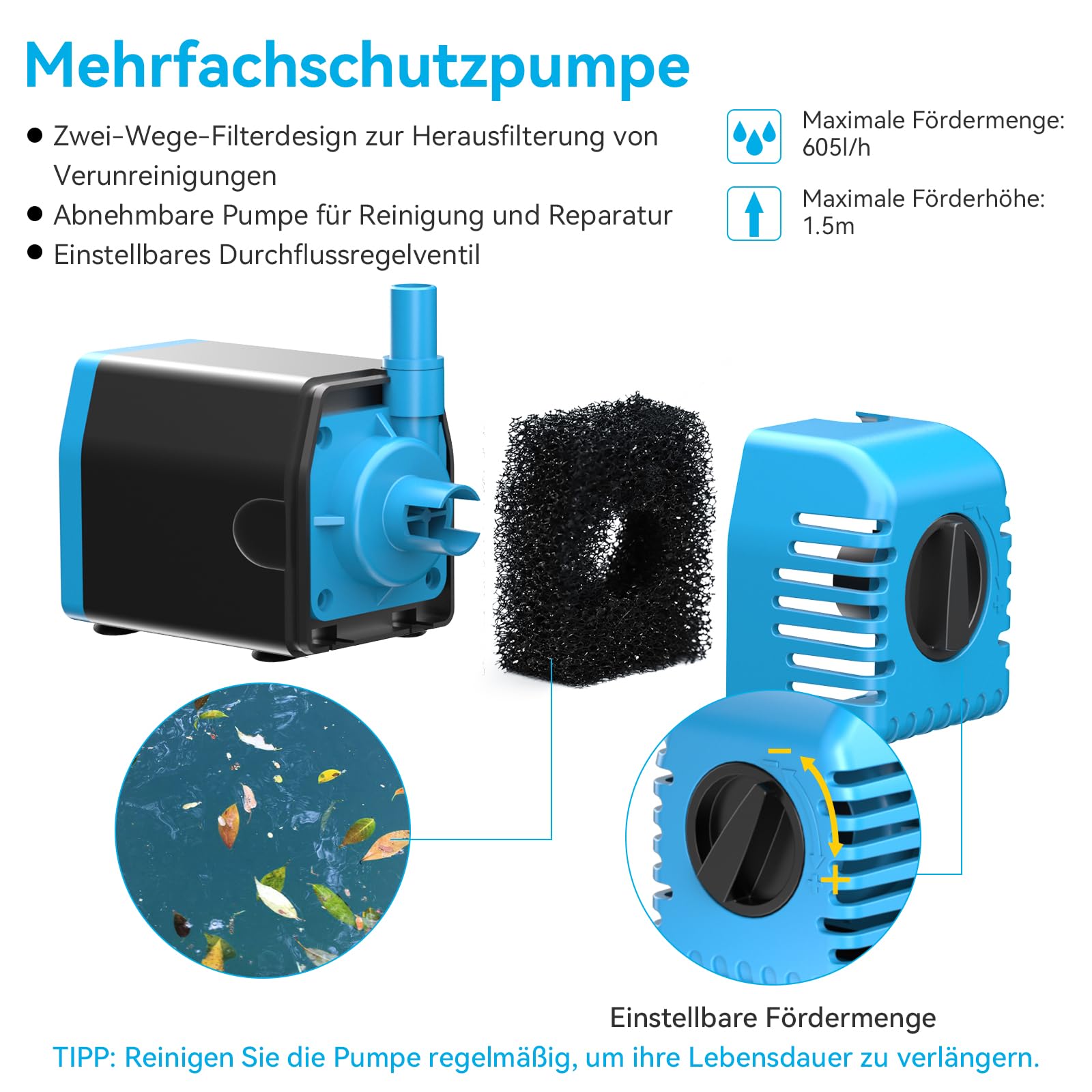 POPOSOAP Fontaine solaire d'extérieur - 600 l/h - Avec protection contre la marche à sec - Débit réglable - Pour bassin de jardin, aquarium, bain d'oiseaux