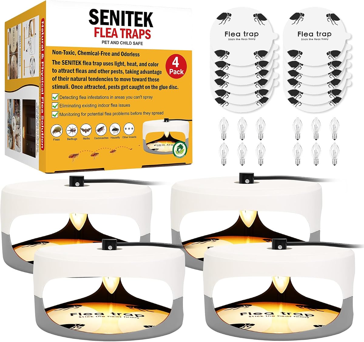 Flea Traps for Inside Your Home, 4 Pack Original Indoor Flea Light Bed Bug Killer w/ 12 Sticky Pads & 12 Light Bulb Refills Replacement, Odorless Insect Infestation Treatment Trap Lamp for Kid Pet