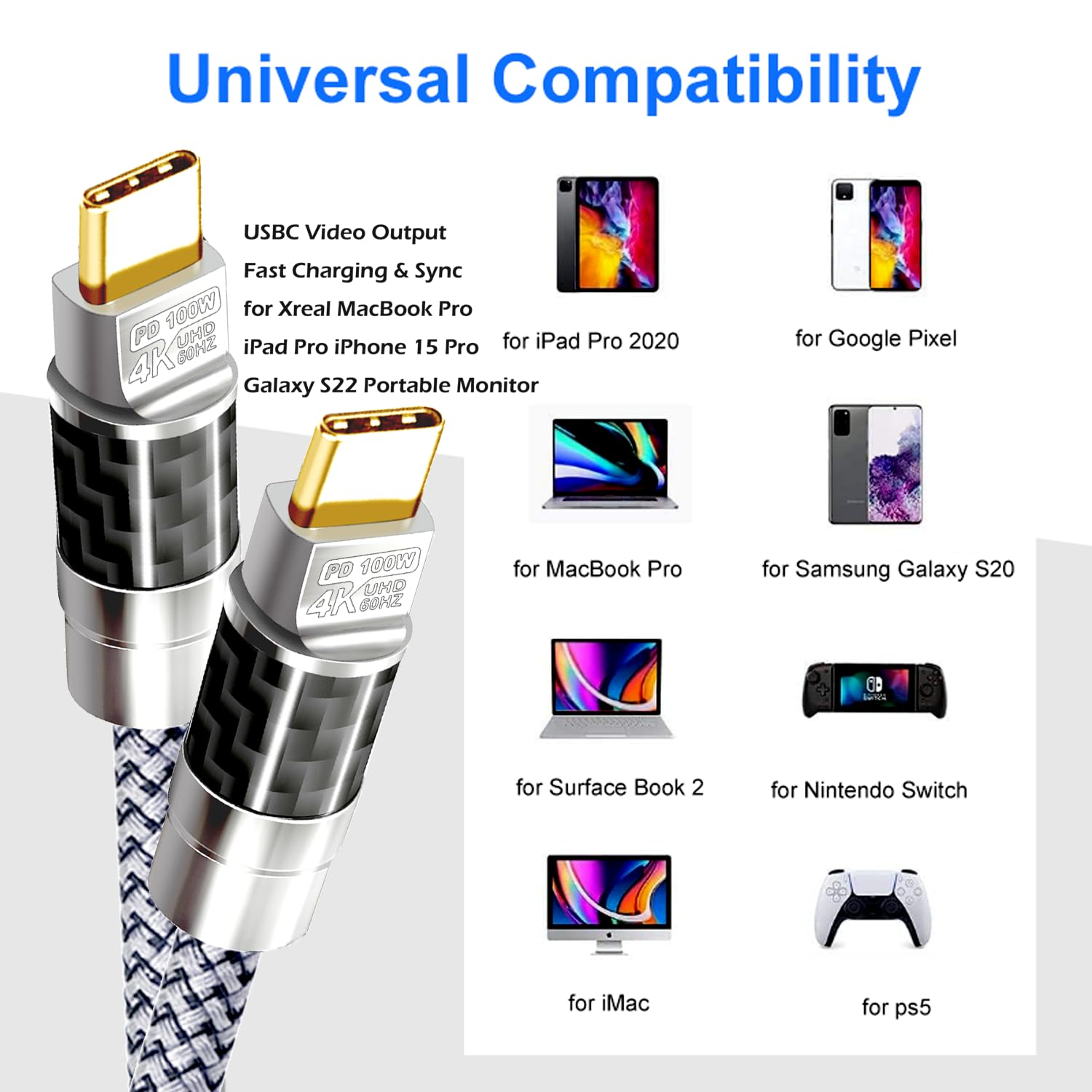 Cavo da tipo C a C, 45 m, ricarica rapida 4K a 60 Hz, 100 W, in fibra di carbonio intrecciata, trasferimento dati ad alta velocità per monitor portatili Xreal MacBook Pro, iPad Pro, iPhone 15