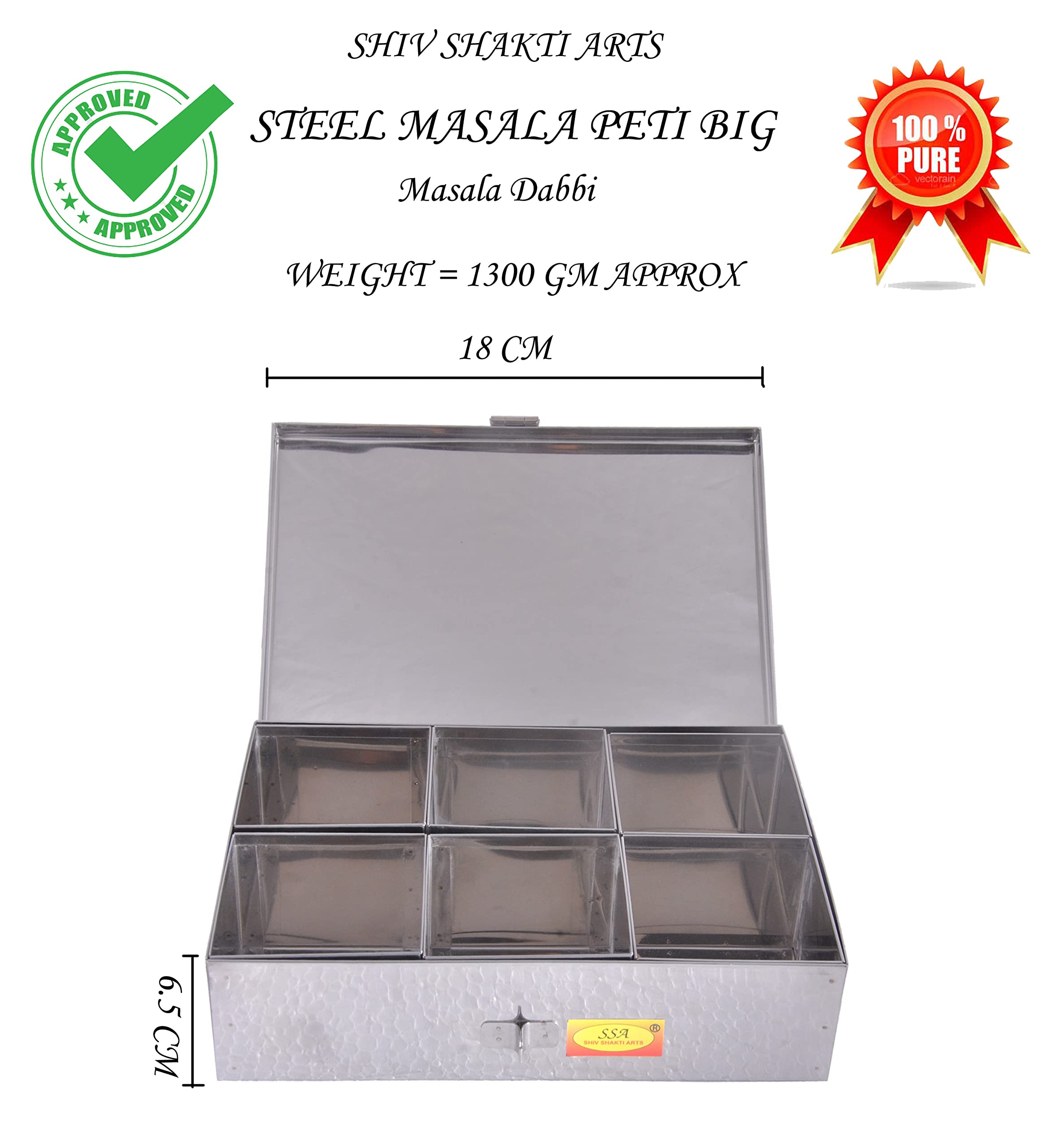 SHIV SHAKTI ARTS Stainless Steel Spice Box, 6 Compartment, Masala Dabba Utility Container, Masala Peti (1 piece ,Steel,Large) W-18 cm, H-6.5 cm, L-26 cm