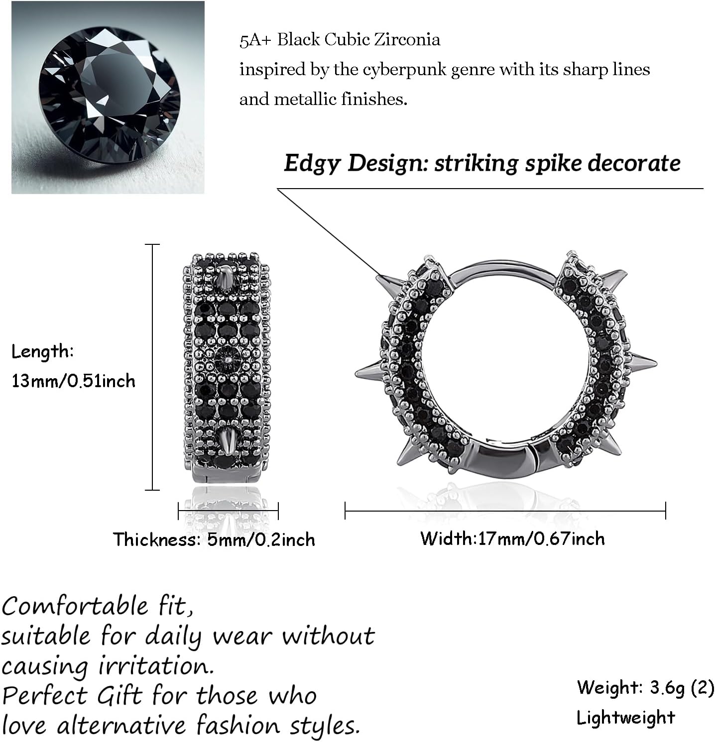 Goth Punk Black Hoop Earrings For Men 14K Gold Spike Hoop Earrings 5A+ Cubic Zirconia Gothic Huggie Earrings Trendy Cool Edgy Vampire Earrings For Women Men for All Occasions - Image 2