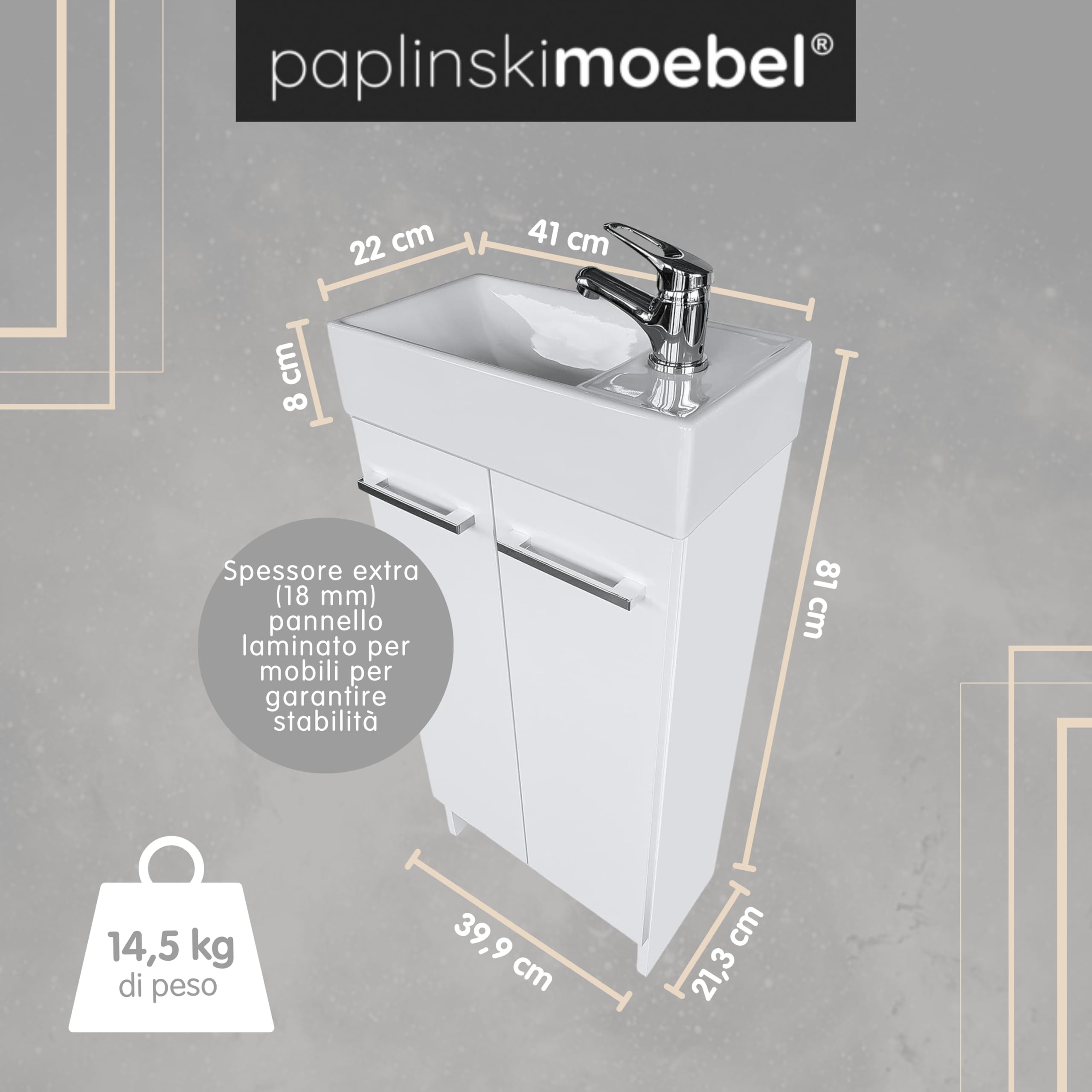 Lavandino Bagno con Mobiletto 41 cm Malibu, Ceramica, Mobile Bagno con Lavabo, Mobile Lavabo, Mobiletto Sotto Lavandino - Bianco