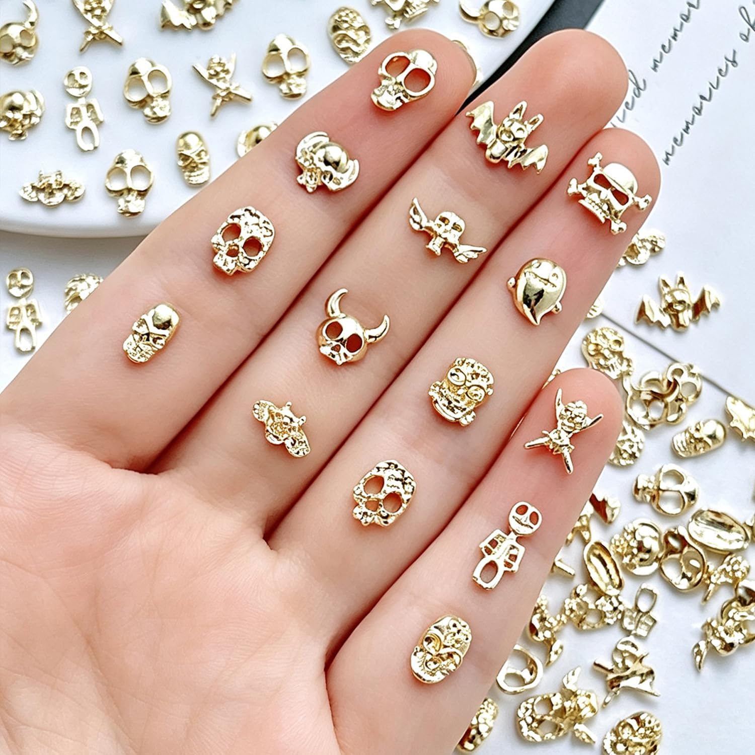 50Pcs Goth Halloween Nail Charms 3D Alloy Nail Art Charms Skull Ghost Devil Horn Nail Rhinestone with Punk Nail Accessories for DIY Holiday Nails Decoration Supplies for Women Manicure Gold