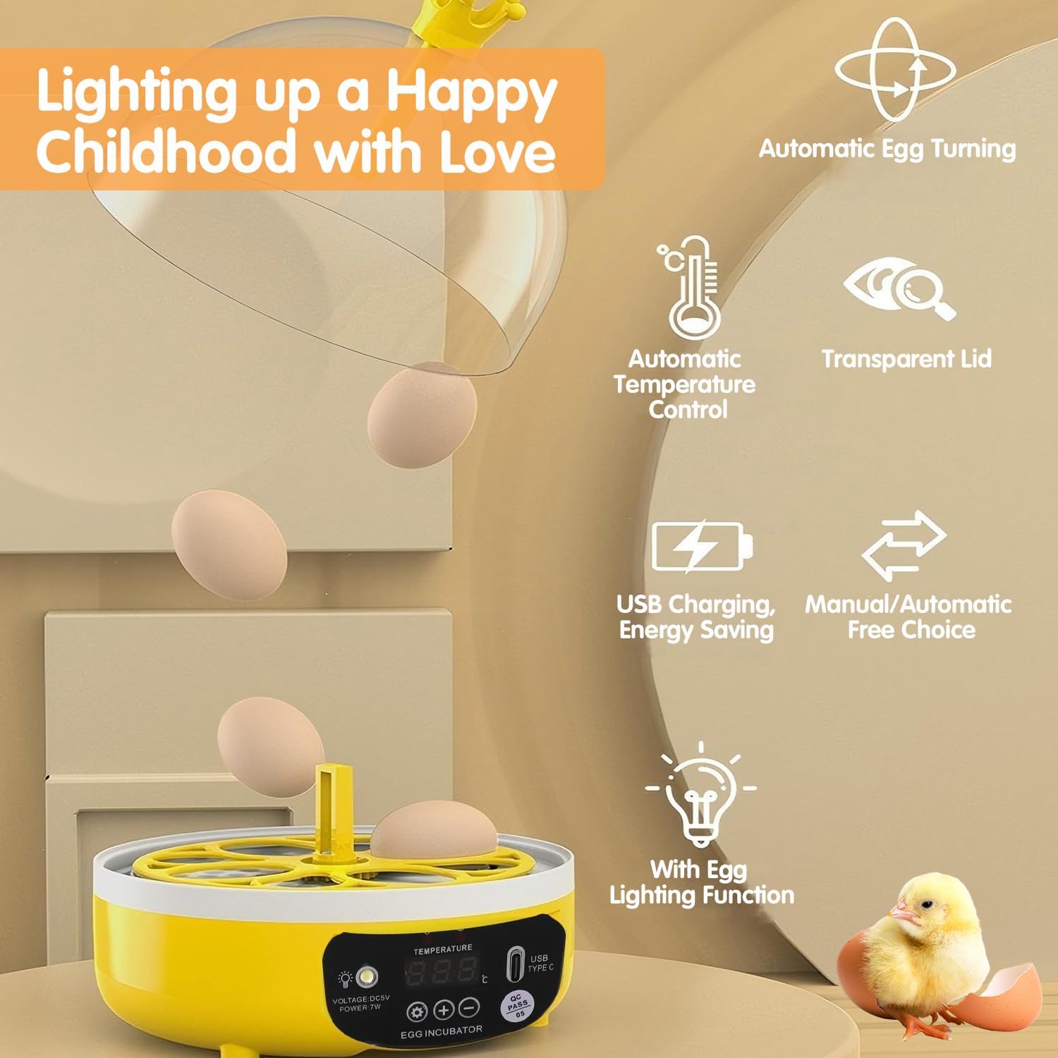 Tissting 4 Eggs Mini Incubator with Transparent Lid,7W Automatic Temperature Humidity Control,Household Small Poultry Hatching Machine,for Chickens Ducks Pigeons (Auto Turning)