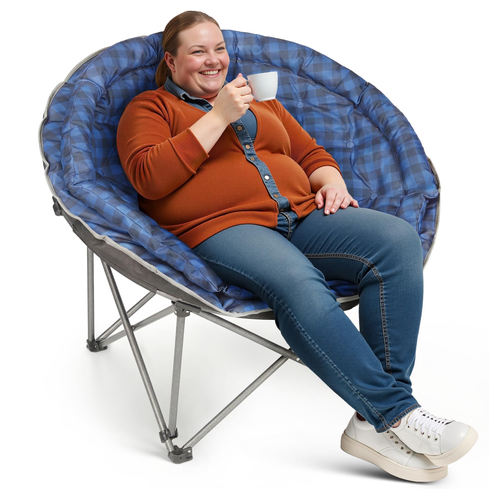 Oversized XXL Folding Round Camping Chair,Super Comfy Padded Moon Camp Chairs,Heavy Duty Outdoor Lawn Chairs for Adults,Perfect for Indoor,Family Camping,Hiking,Picnics and Garden,Blue Plaid