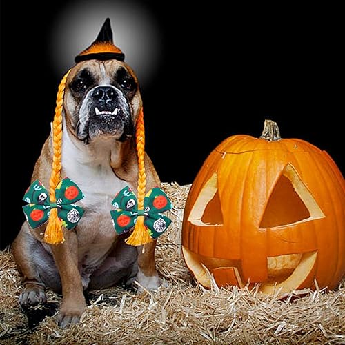 Miniatura 5 de 24 piezas12 pares 10 cm Lazos para el pelo de perro de Halloween con banda de goma para perros de raza grande Patrón de calabaza, murciélagos,