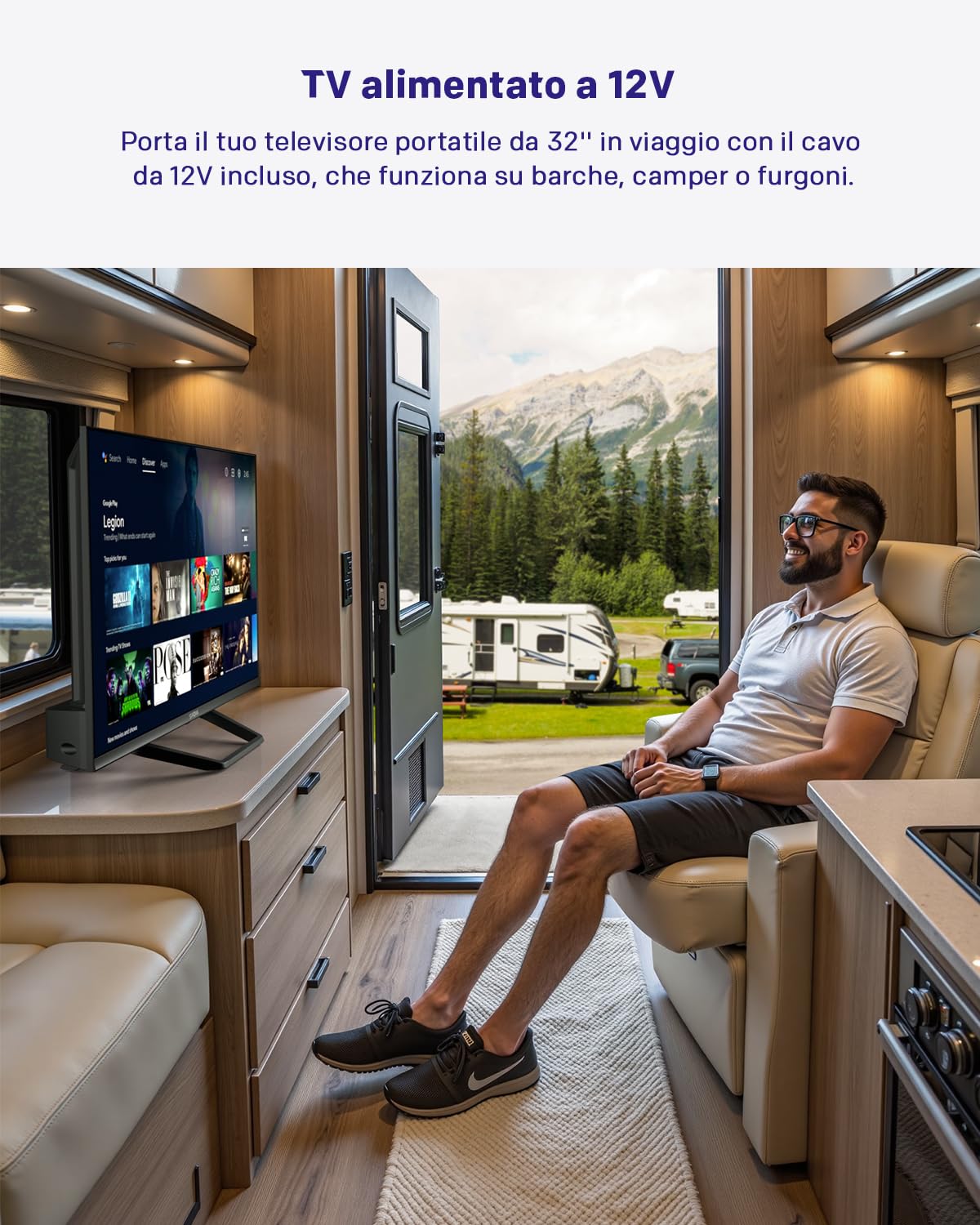 STRONG SRT32HG4723C 32'' TV HD, Nero | DVB-S2/C/T2, 12V Ideale per camper, cucina, 2 porte HDMI (1 ARC) + 1 porta USB + Mini-AV + Presa antenna/satellite