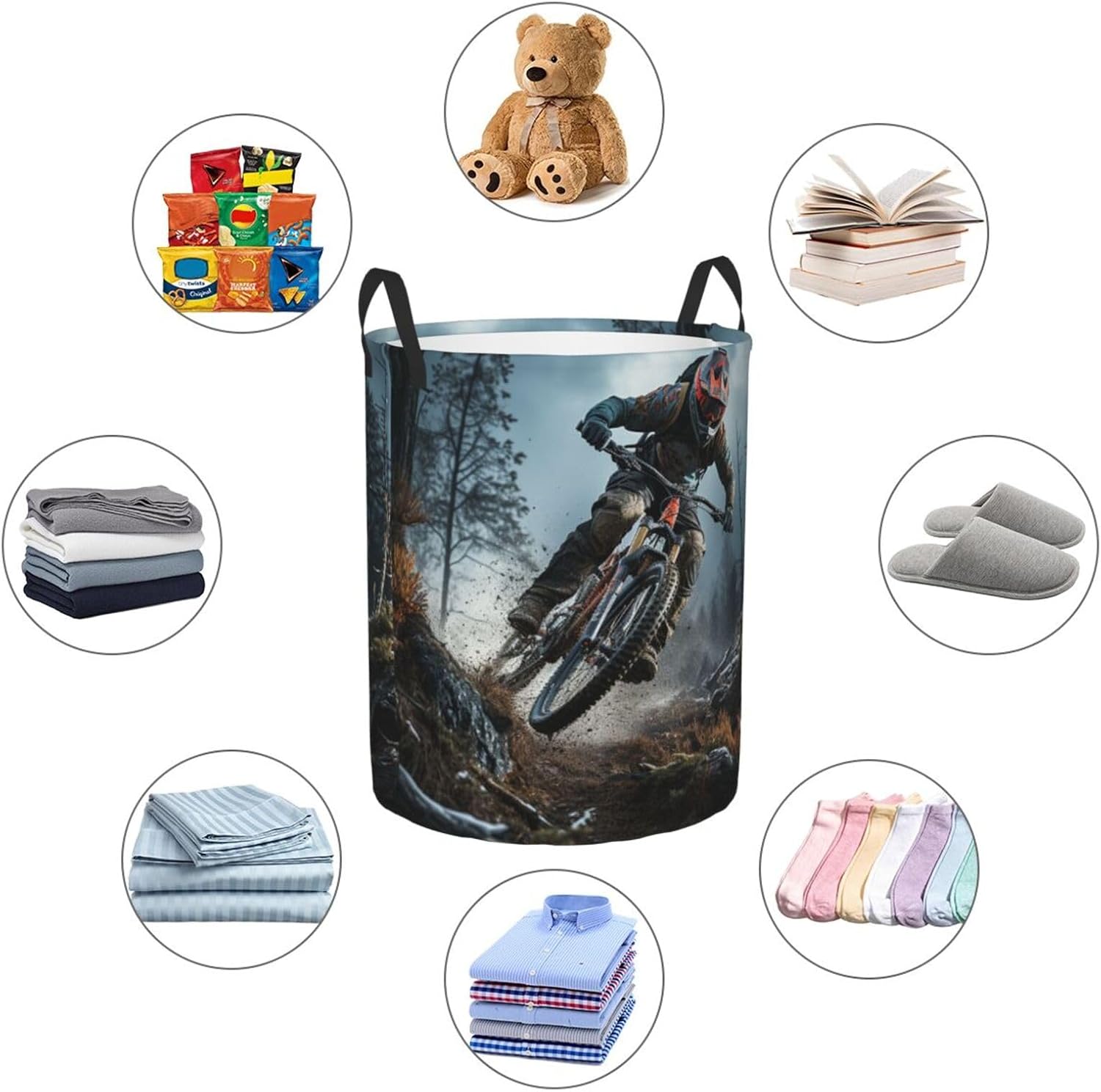 Laundry Basket Mountain Bike Tournament Laundry Hamper Round Storage Basket with Handles Waterproof Clothes Organizer Basket for Bathroom Dirty Clothes Hamper for Living Room Bedroom