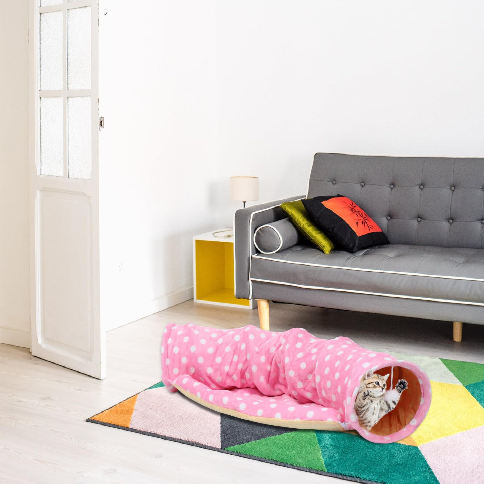 Túnel para Gatos Rosa de Lona, Dos Vías, Bola Decorativa