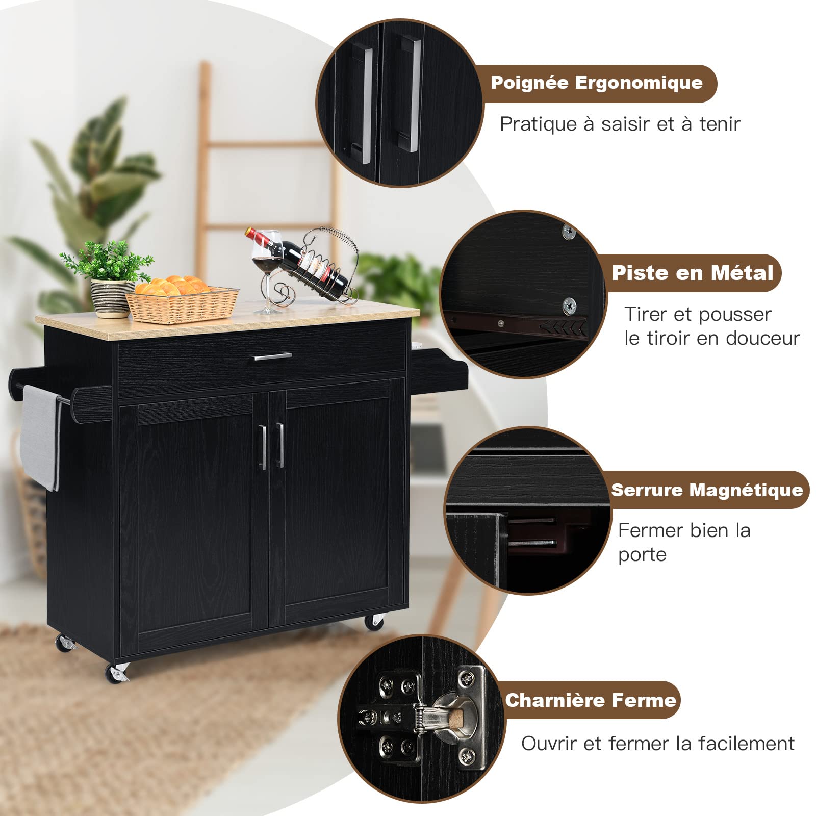 GOPLUS Desserte à roulettes avec Plan de Travail en Bois, 116x40x85CM, Desserte Cuisine avec Armoire à Étagère 2 Niveaux Réglables et Tiroir, Chariot de Service avec Porte-Serviettes Latéral, Cuisine
