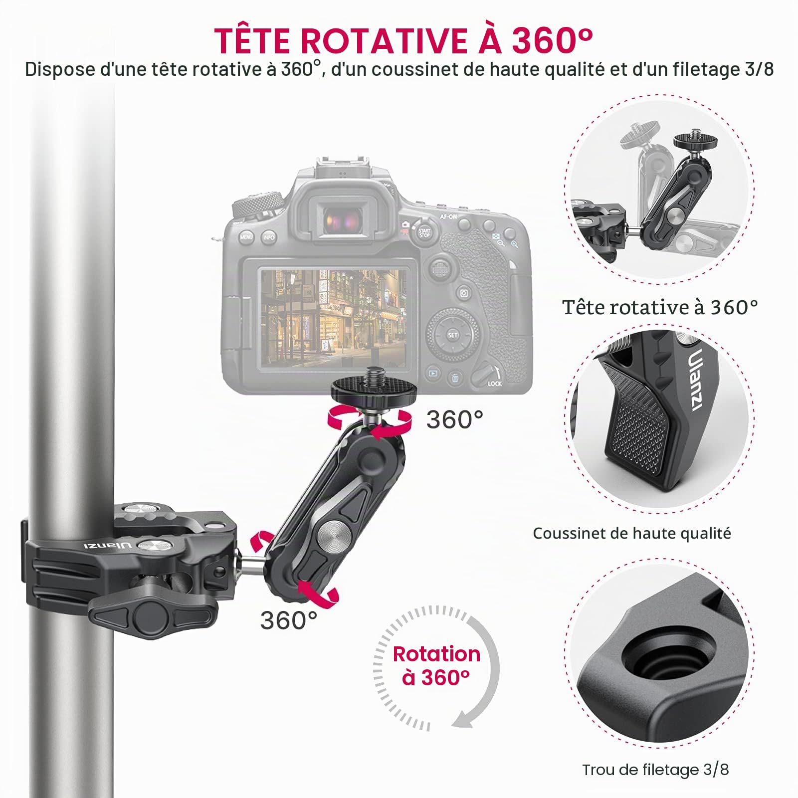 ULANZI R094 Super Pince Crabe avec Double rotule 360°, Bras Magique avec Filetage 1/4"-20 et 3/8"-16, Fixation pour caméras, éclairages vidéo LED et systèmes de stabilisation (Ronin-M/MX, MOVI)