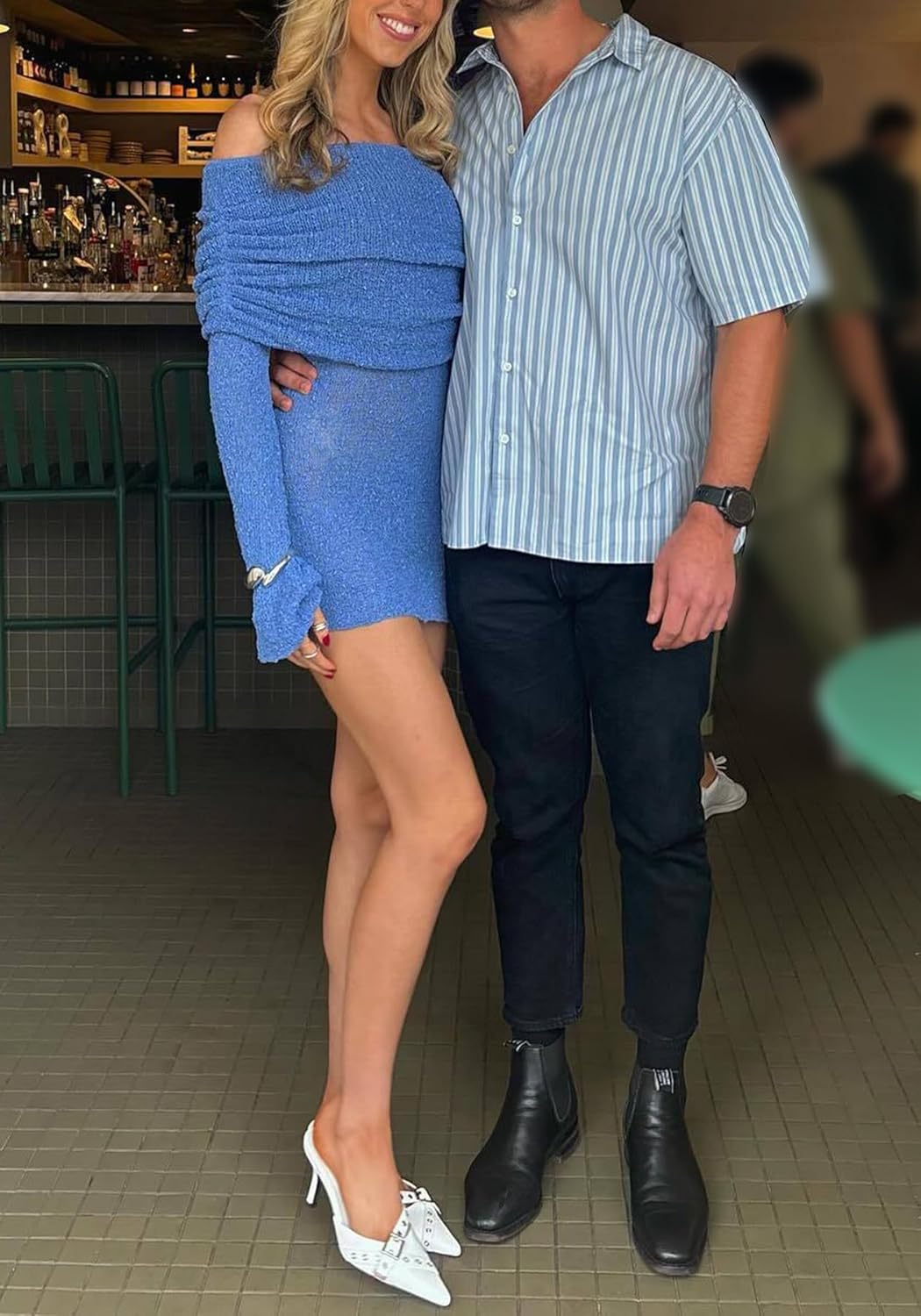 LETSVDO Women's Off Shoulder Mini Dress Bodycon Long Sleeve Knit Crochet Sexy Party Sweater Dresses - Image 6