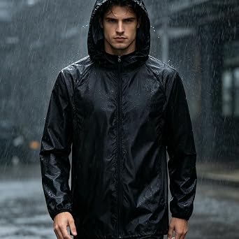Mens Waterproof Jacket Lightweight, Packable Rain Jacket Windbreaker, Pac a Mac Raincoat, Hooded Cagoule for Running Cycling Hiking Golf