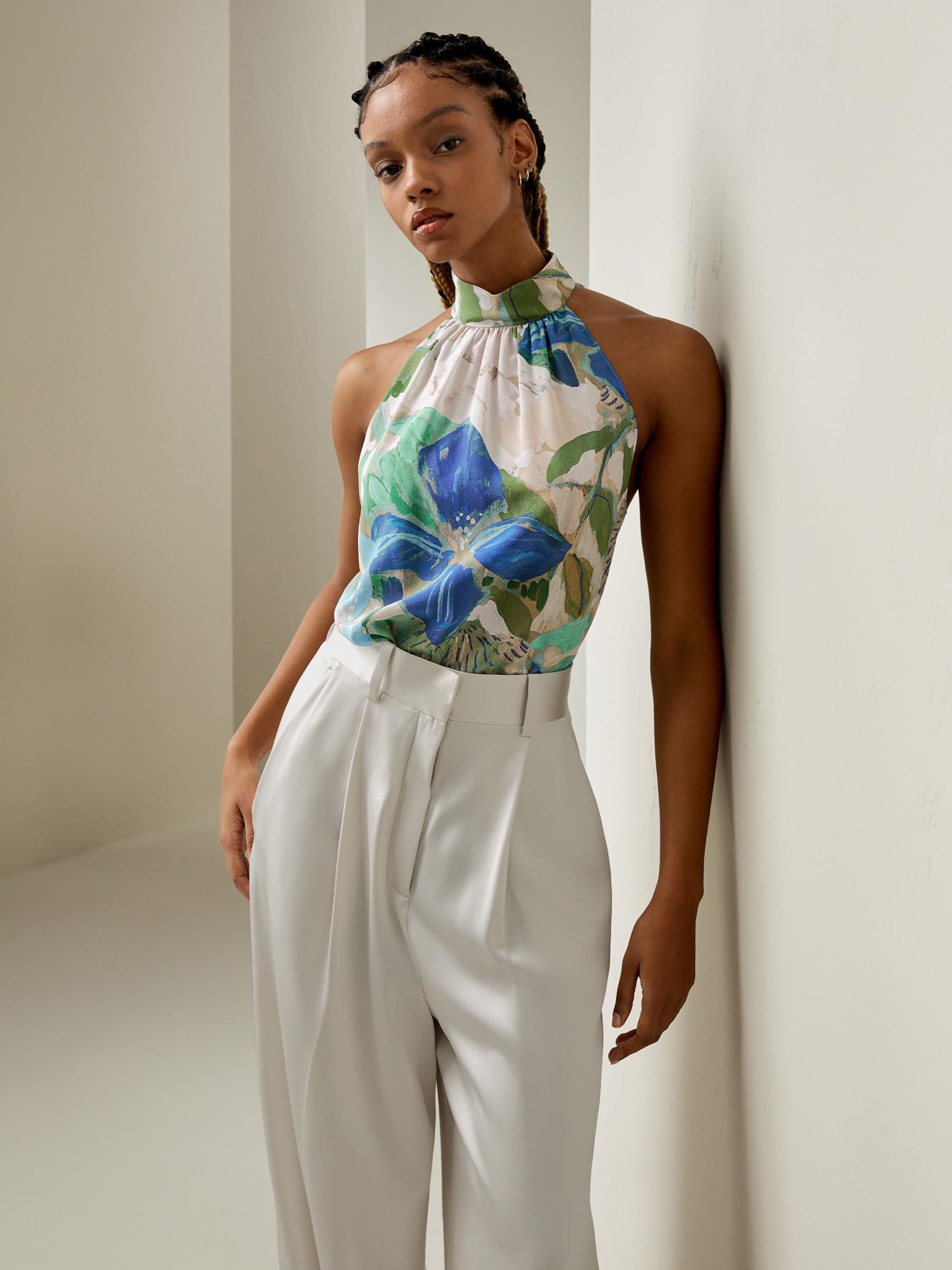 LilySilk Damen Reine Seidenbluse, ärmelloses Halftertop aus Crêpe de Chine mit Blumendruck für Urlaubspartys