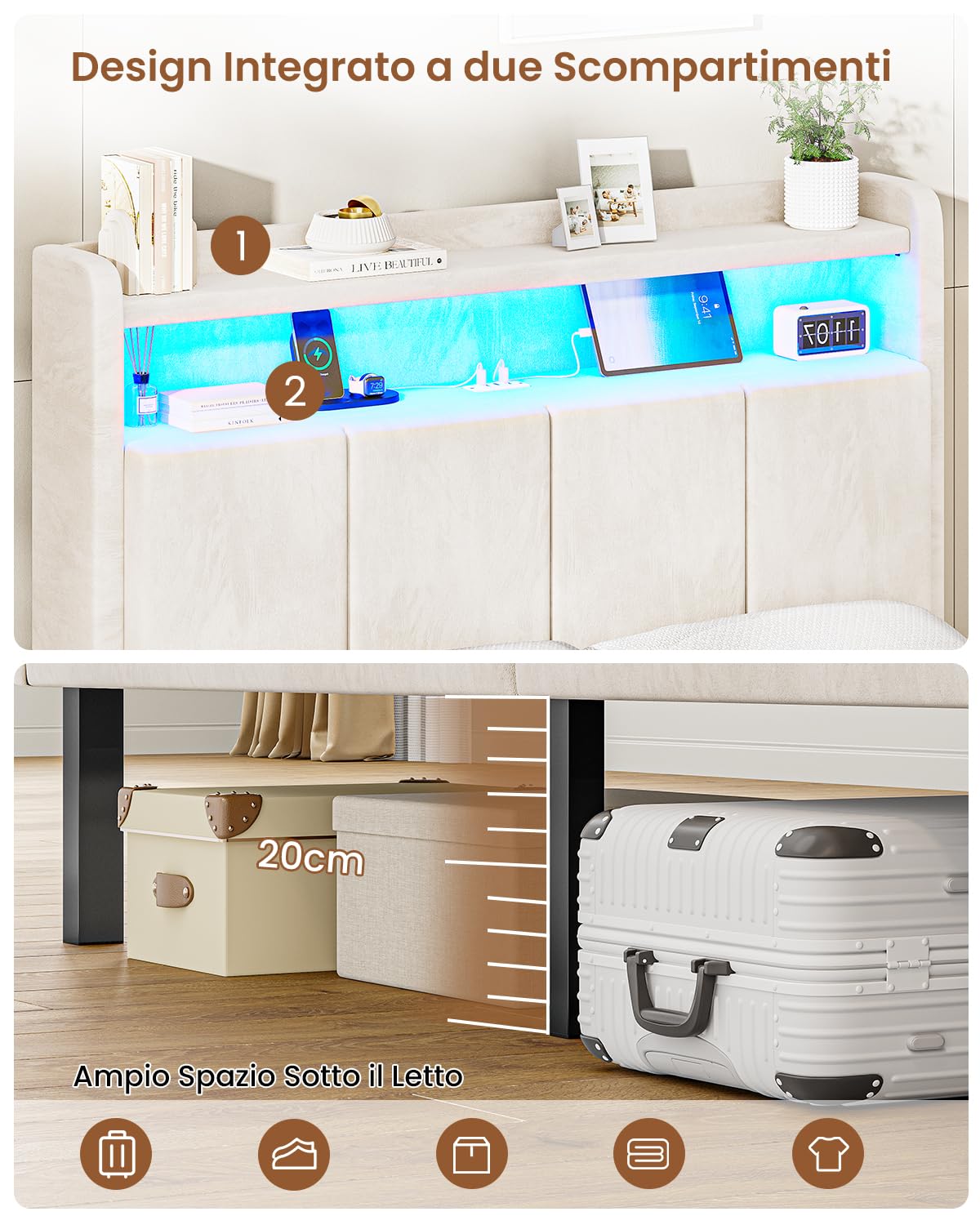 AOGLLATI Letto Singolo con Contenitore 90x190, Letto Singolo Imbottito con Ampio Spazio di Stivaggio, Struttura Letto Contenitore con Luci LED Regolabili e Stazione di Ricarica, Velluto Beige