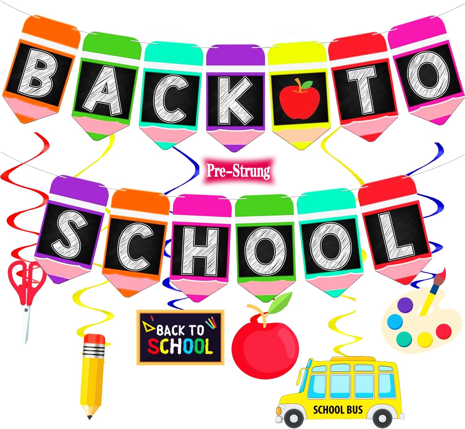 Pre-Strung Back to School Banner Party Decorations, Cute First Day of School Pencil Sign with Hanging Swirls for Pre-K Classroom Teacher Back to School Party Photo Backdrop Blackboard Home Decor Orange Green Purple Yellow Red Black