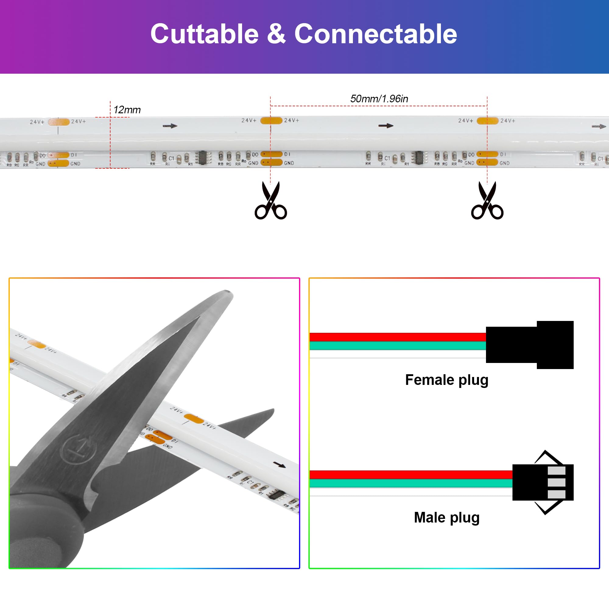 AXMOTUT Tira de luz LED RGBIC COB de 3 m, CC 24 V con control remoto y adaptador, cuerda de luz LED RGBIC de silicona, control de aplicación inteligente, sincronización de música para juegos