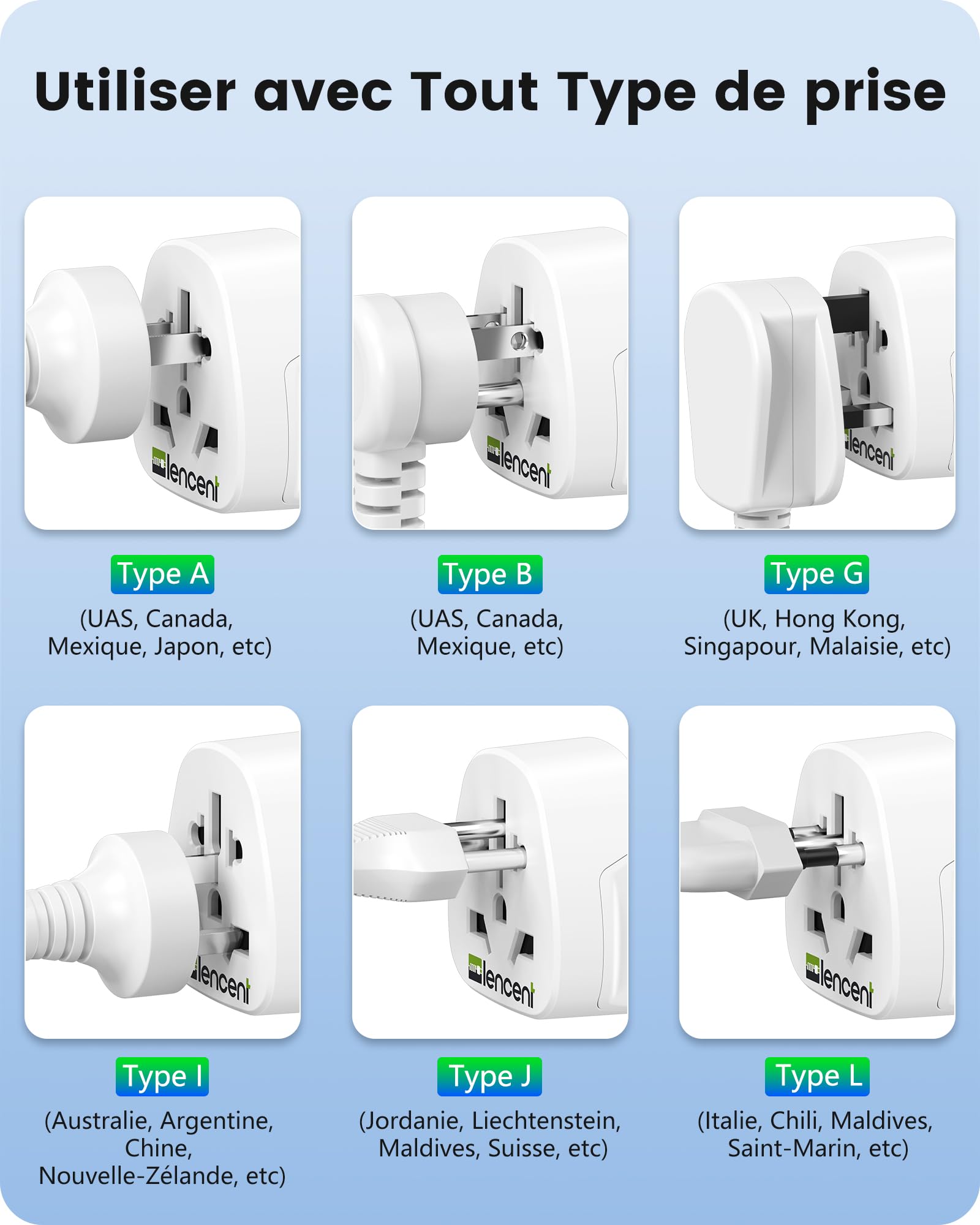 LENCENT 2X Adaptateur Universel vers France FR pour la Connexion d'appareils étrangers, par ex. UK Anglaise Angleterre, USA Americaine, Chine, Australie, Japon, Italie, Suisse etc.