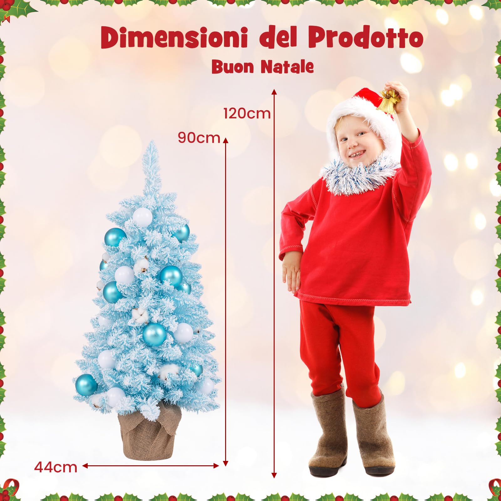 COSTWAY Albero di Natale Artificiale Piccolo 90 cm, Albero di Natale da Tavolo con 12 Palline di Cotone Naturale, 24 Palline e Rami Imbiancati, Decorazione Natalizia per Feste (Azzurro)