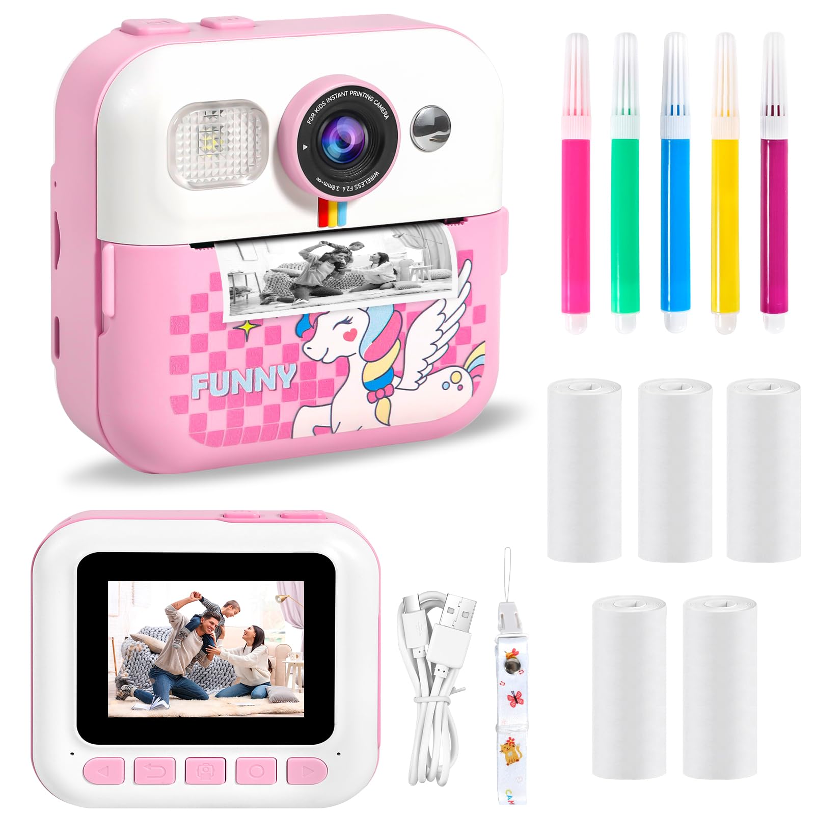 Macchina Fotografica Bambini Istantanea, 2,4 Pollici Digitale Fotocamera con 32GB TF Scheda e Carta Fotografica per Stampa, Regalo di Natale per Bambini 3-12 Anni