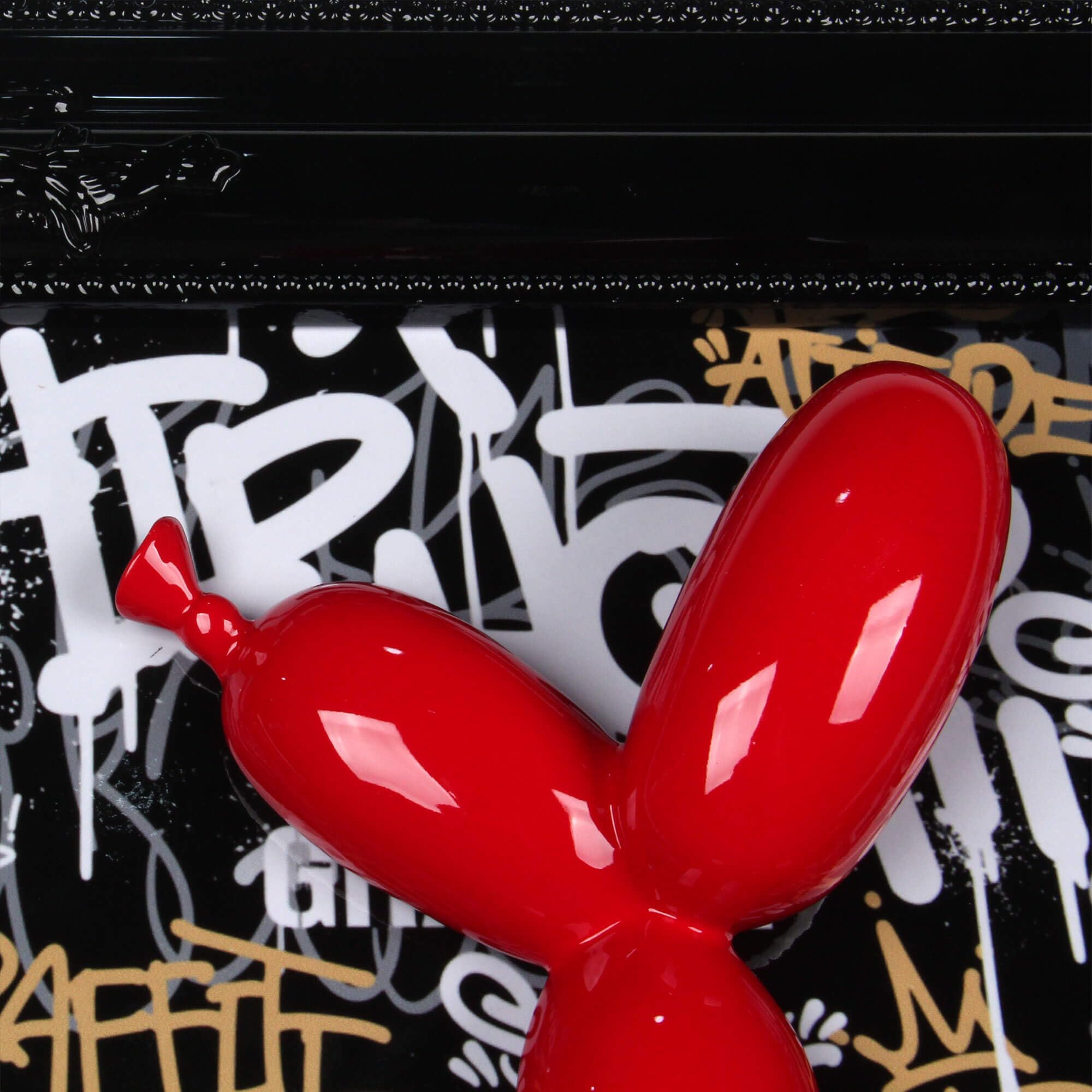 Decorazione Parete Cane Palloncino Pop Art - Scultura In Resina Su Sfondo Graffiti, Cornice Neobarocca, 46x46 Cm, Rosso
