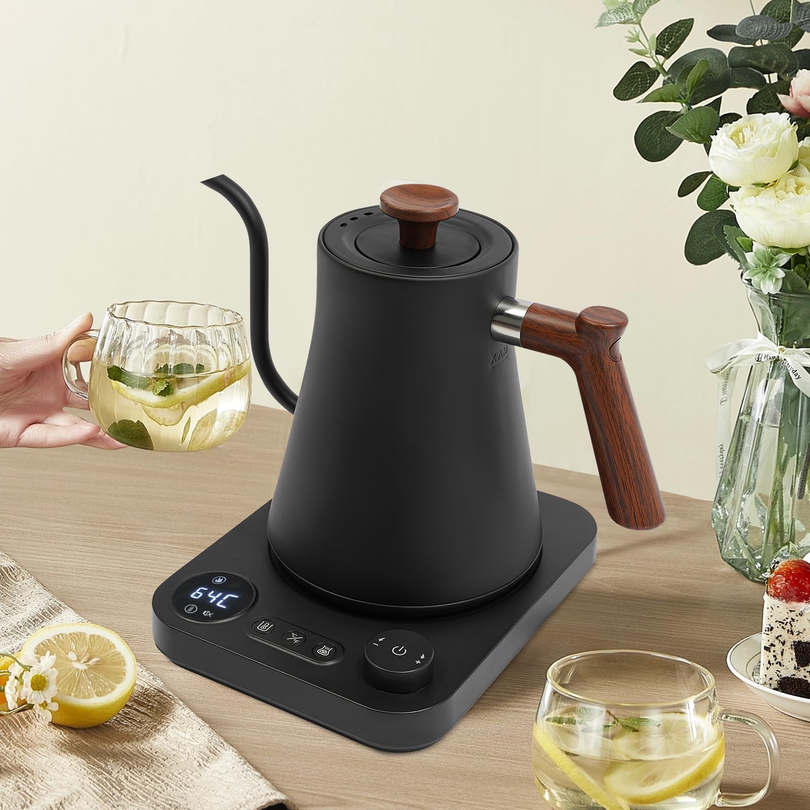 Hervidor eléctrico de cuello de cisne de 0,9 l con interior de acero inoxidable 304 y pantalla LED Control de temperatura de ±1 °F for el hogar oficina y cafetería(Black)