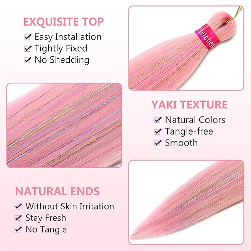 Miniatura 2 de Extensiones de cabello trenzado preestiradas de color rosa con oropel de 26 pulgadas, 3 paquetes de trenzas sintéticas profesionales trenzadas de