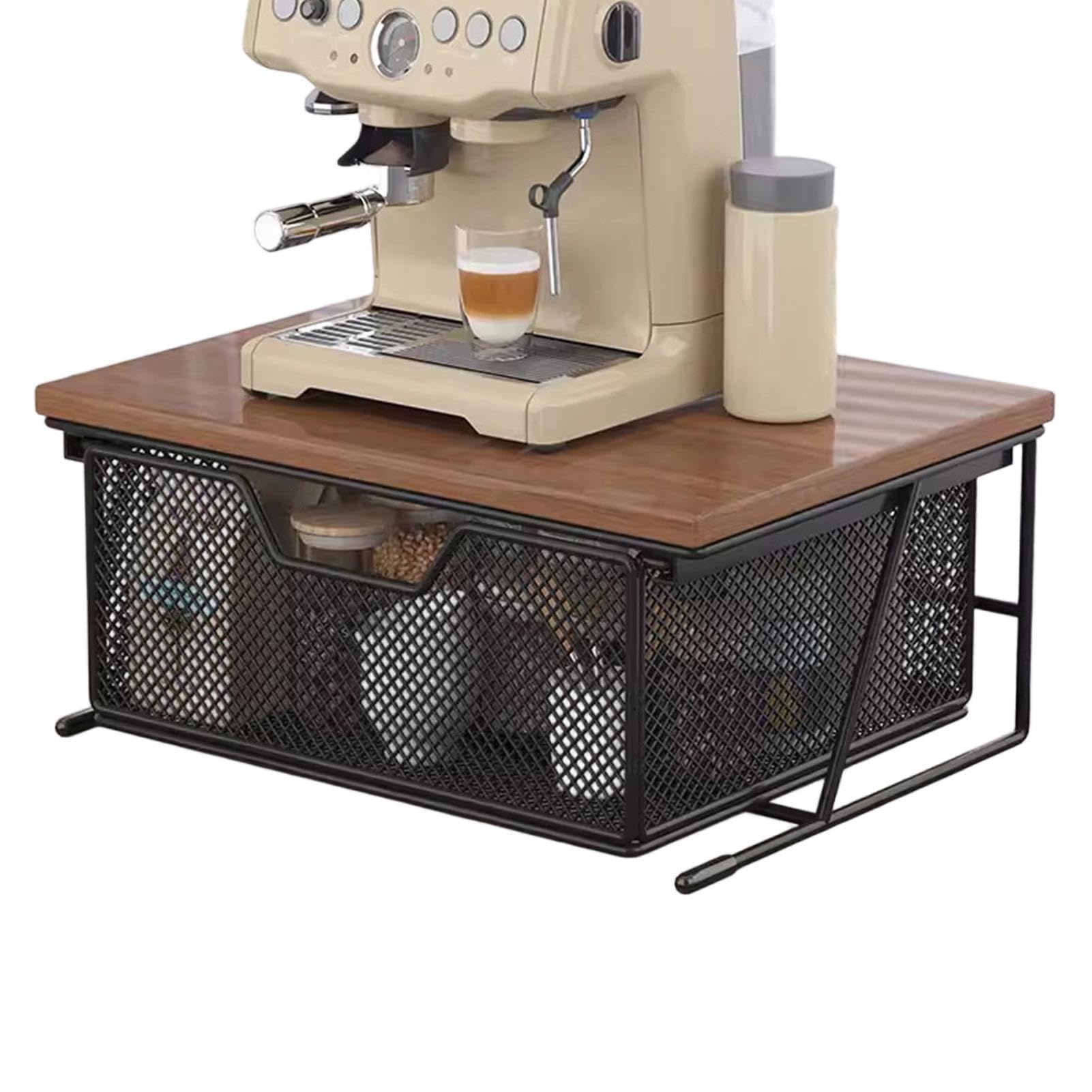 Küchenregal mit Schubladen, Platzsparender Küchenarbeitsplatten-Organizer aus Metall und Holz Kaffeemaschinen Unterstand, Ausziehbarer Schubladen Regale für Kaffeestation Toaster Teebeutel, 37x26x16cm