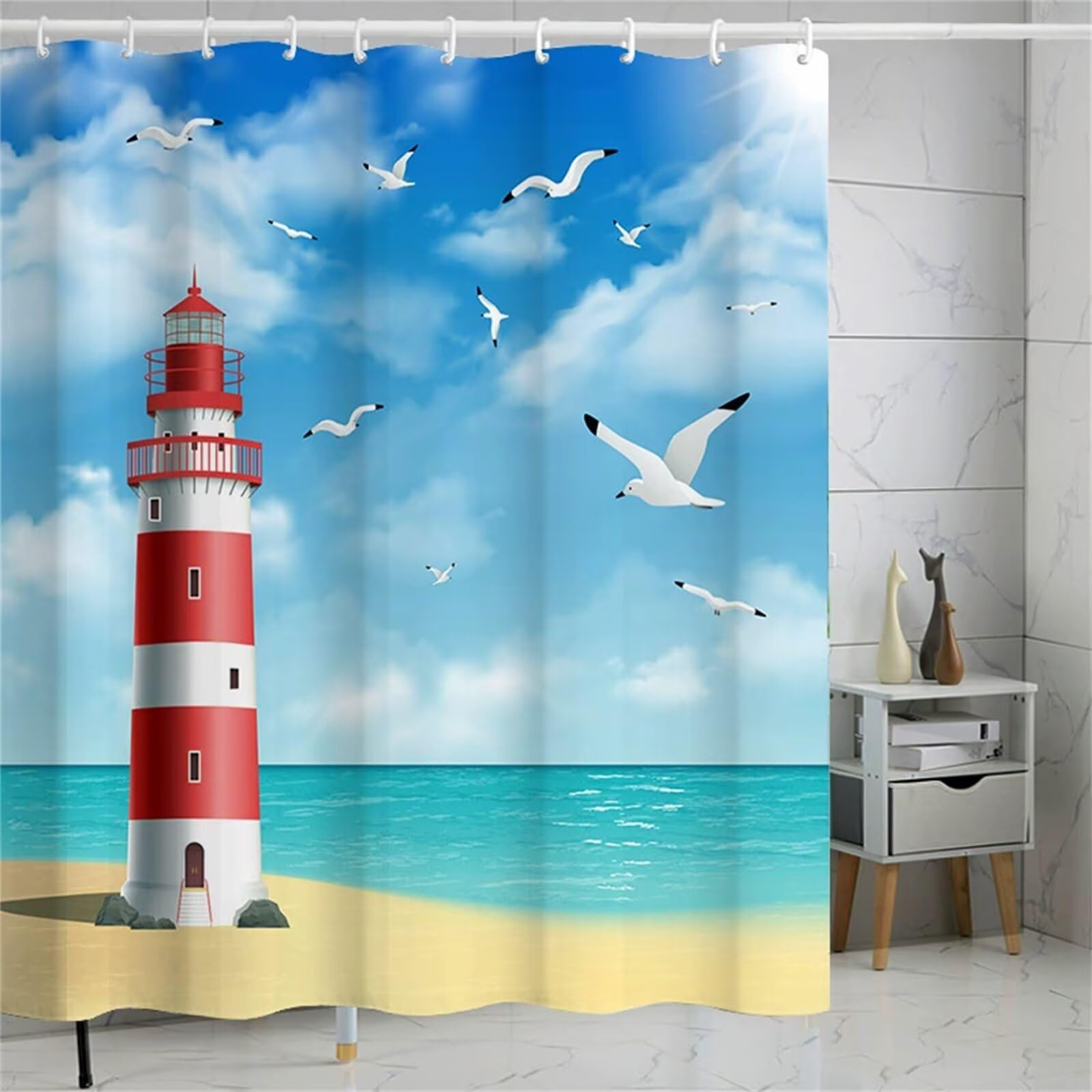 Duschvorhang 300 x 180 cm Leuchtturm Möwe Duschvorhang Wasserdicht Textil Polyester Waschbar Trocknet Schnell, Polyester Duschvorhang mit Gewicht Unten, mit 12 Duschvorhang Haken, Metallösen c-97