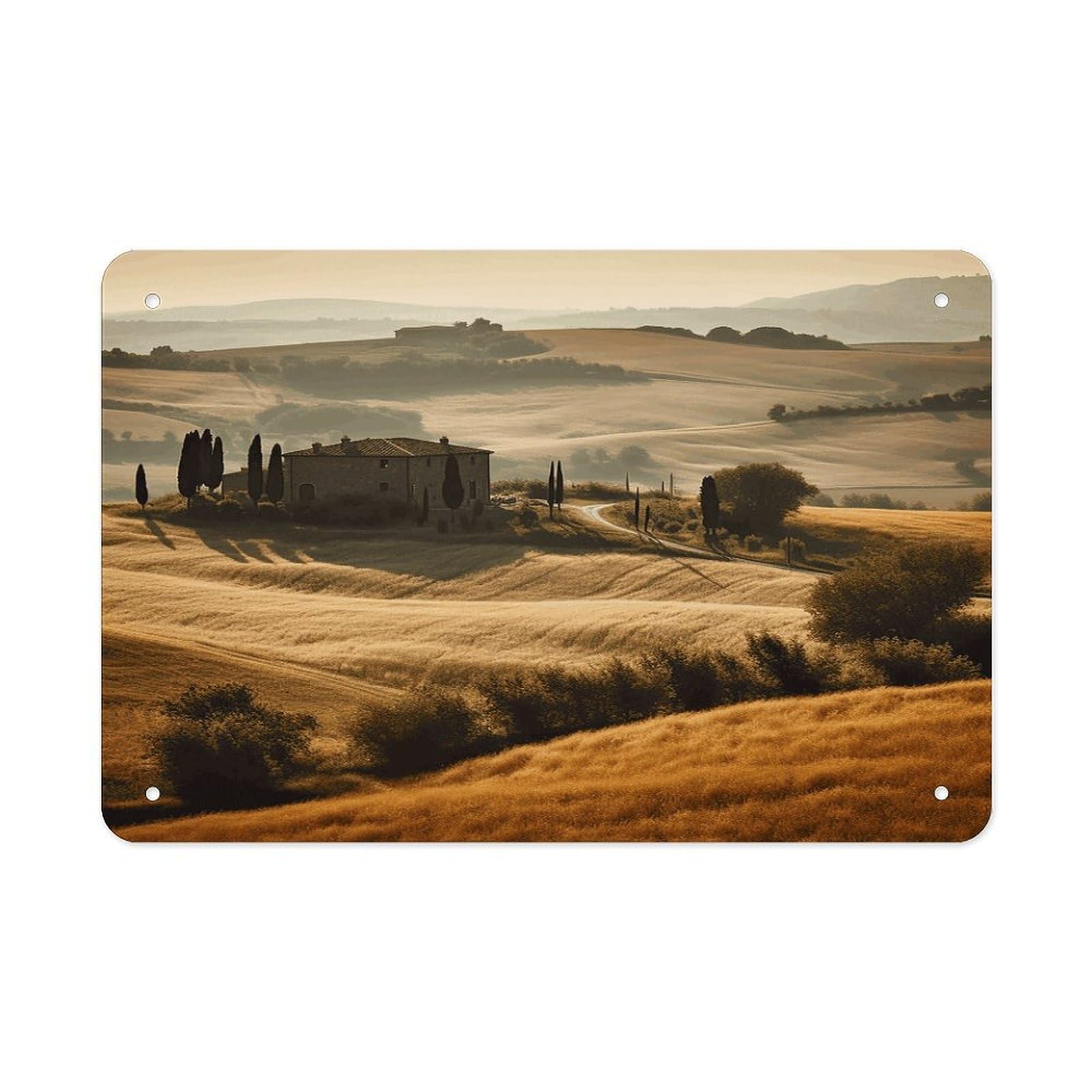 View of Typical Tuscany Landscape Metal Tin Sign 12"x8" Wall Art Prints Poster Decorative Picture Metal Signboard Decor Painting Folded Edge Iron Sheet Painting with Holes for Wall Decor