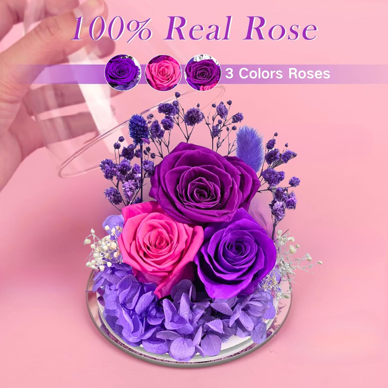 ASTRYAS Valentines Day Rose Gifts for Her Women Mom Gifts for Birthday, Preserved Real Flowers Roses in Glass Angel Figurines, for Grandma Wife Daughter Girlfriend Sister Her, Purple - Image 4