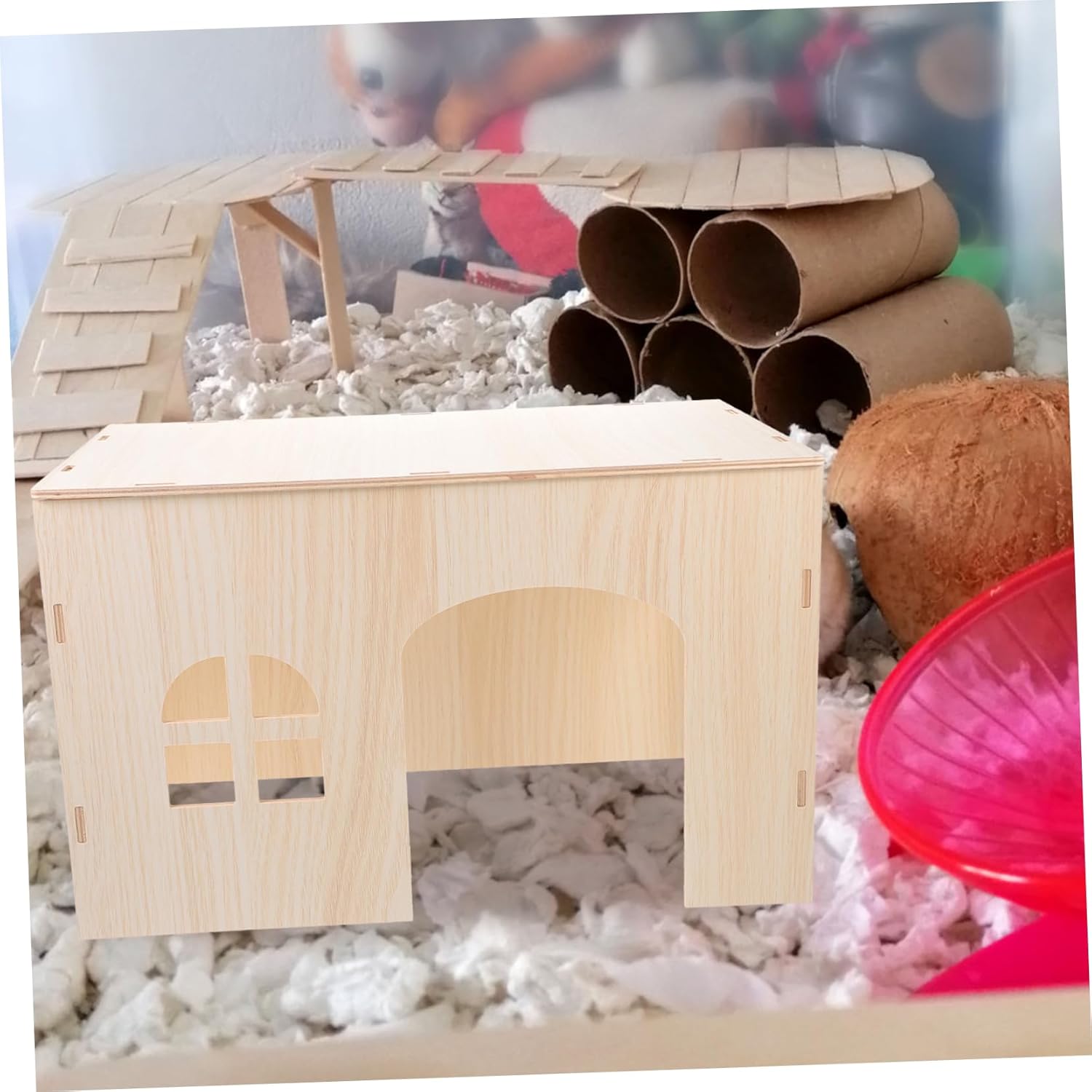 Mikikit Large Wooden Squirrel House for Small Animals Guinea Pig Hideout Hamster Playground Rabbit Nest Comfortable Design PET Wooden Hut for Indoor Use