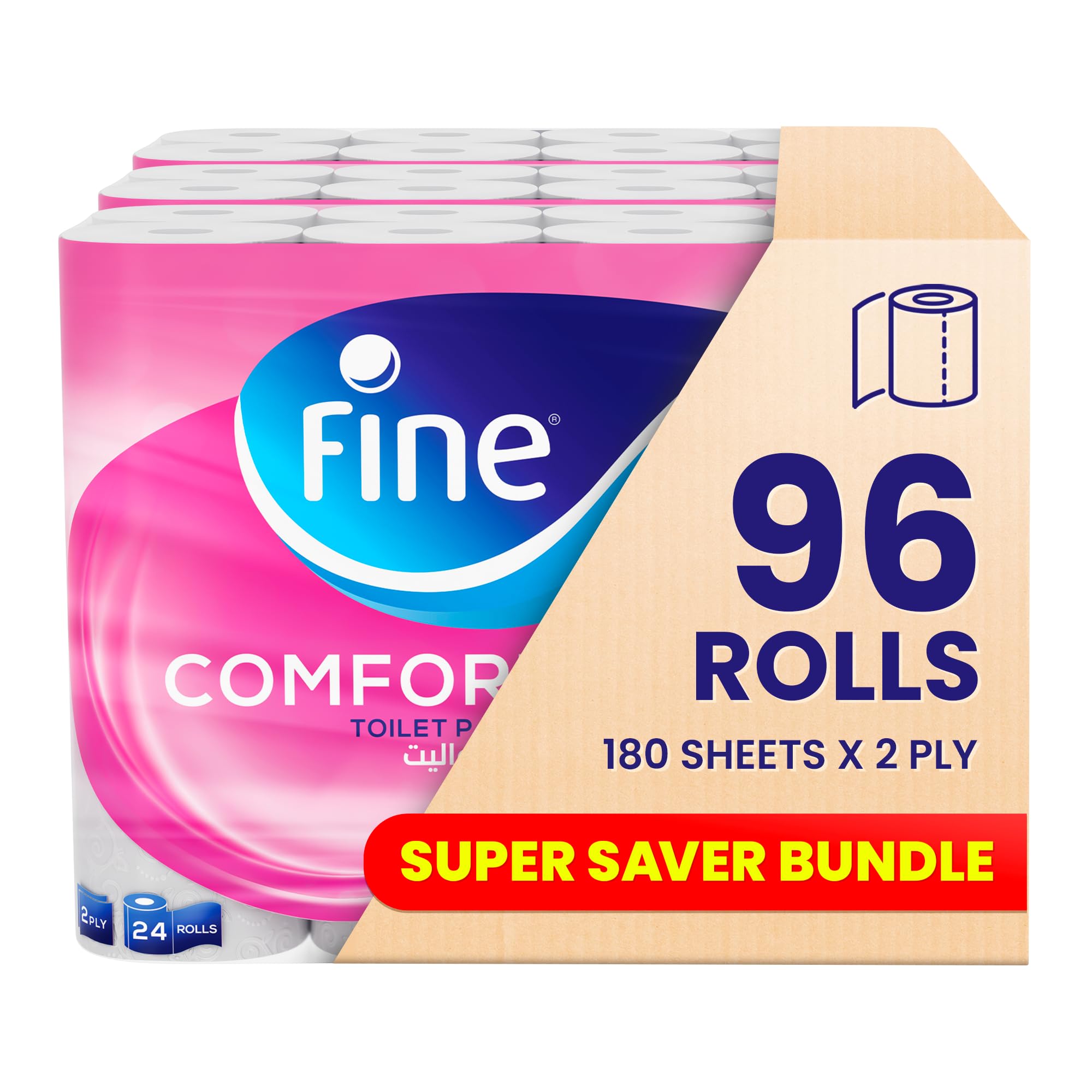 Fine Comfort Toilet Tissues Paper 96 Rolls, 180 sheets x 2 Ply