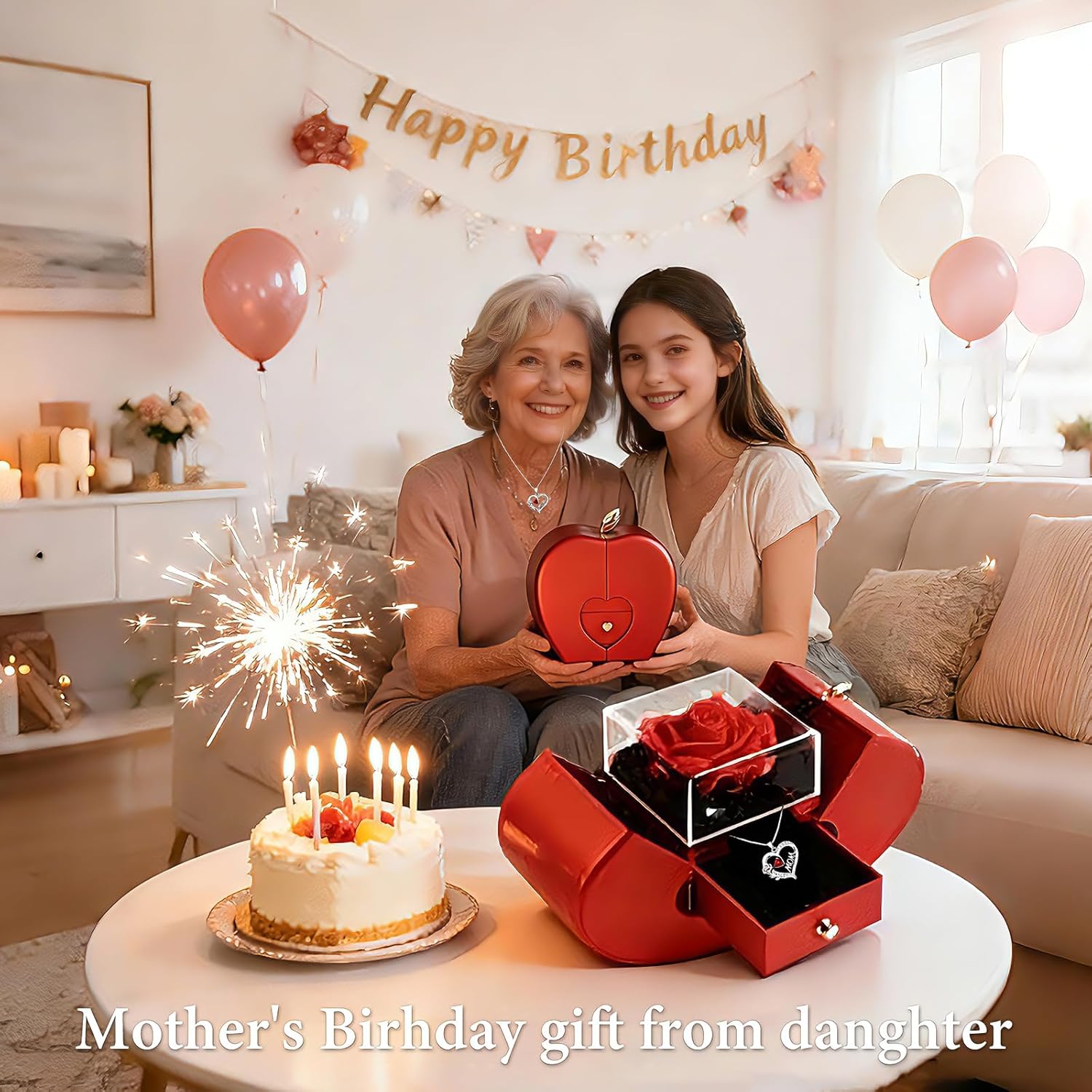 Preserved Rose Mother Gifts for Mom from Daughter Birthday Gift for Mum from Son Forever Red Roses with Mom Rose Heart Necklace for Grandma Mama Nana I Love You - Image 4