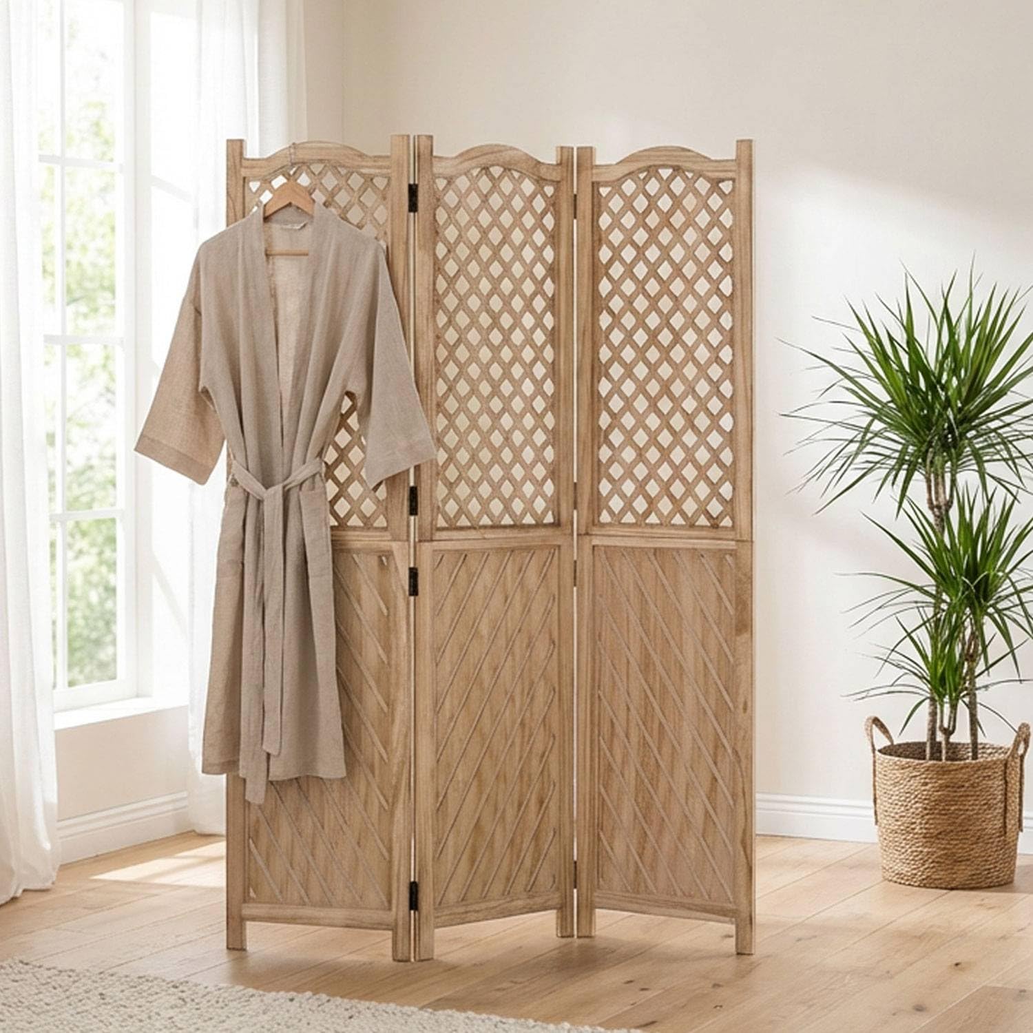 Homestyle4u 2014 Paravent 3 panneaux en bois naturel, protection visuelle espagnole