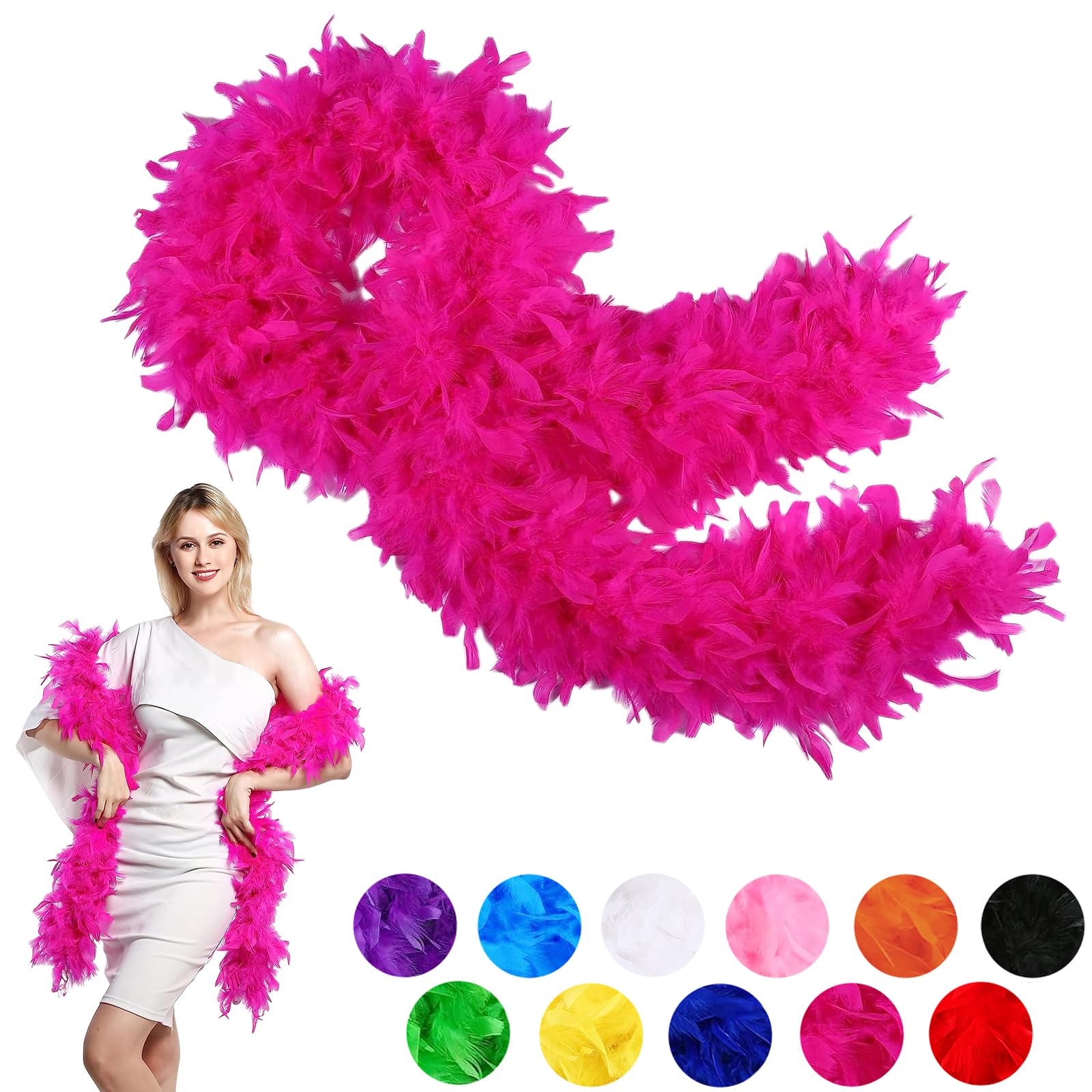 80g Hot Pink Feather Boa Thick Fancy Dress for Adult,Kids,2m/6.6ft Natural Turkey Feather Boa Rose Red,Party Fluffy Boa Feather Scarffor Bulk for Women,Girls,Wedding Bachelor Halloween Christmas Party