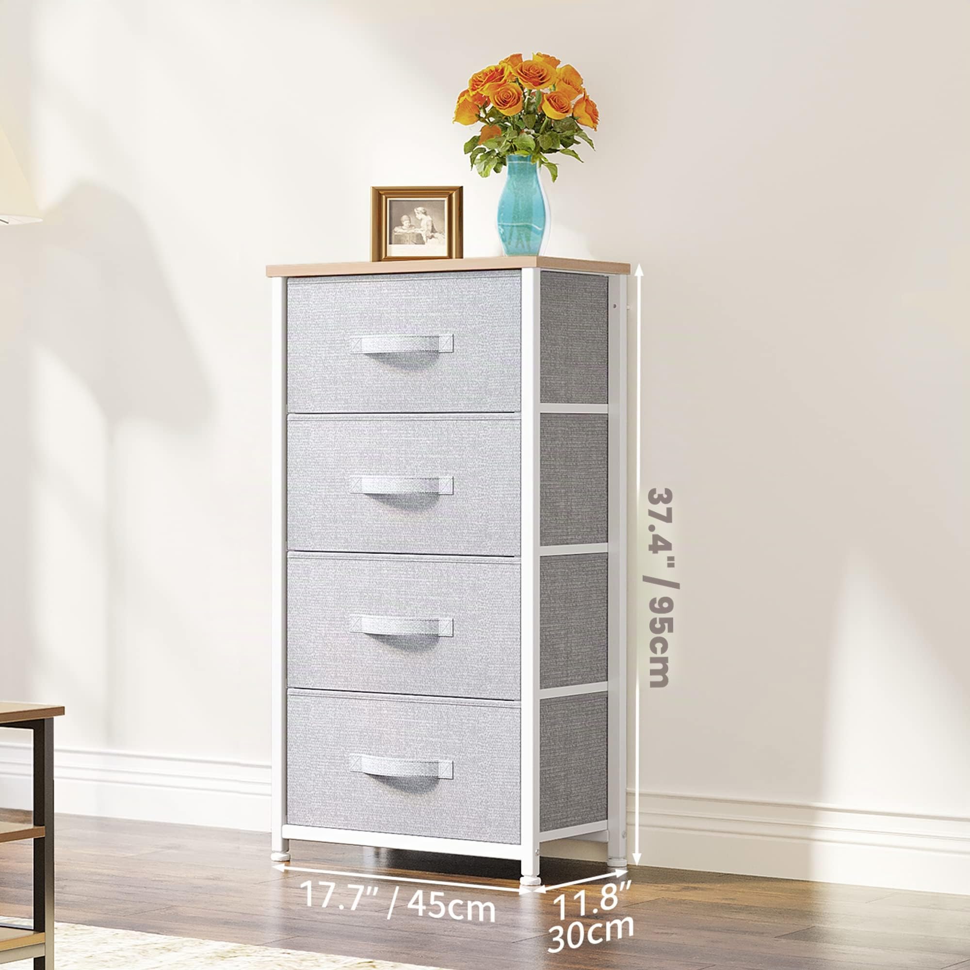 YITAHOME Cassettiera in tessuto, armadietto con 4 cassetti, Cassettiera per Corridoio in Tessuto, con vano contenitore in tessuto per soggiorno, camera da letto, cameretta dei bambini, grigio chiaro