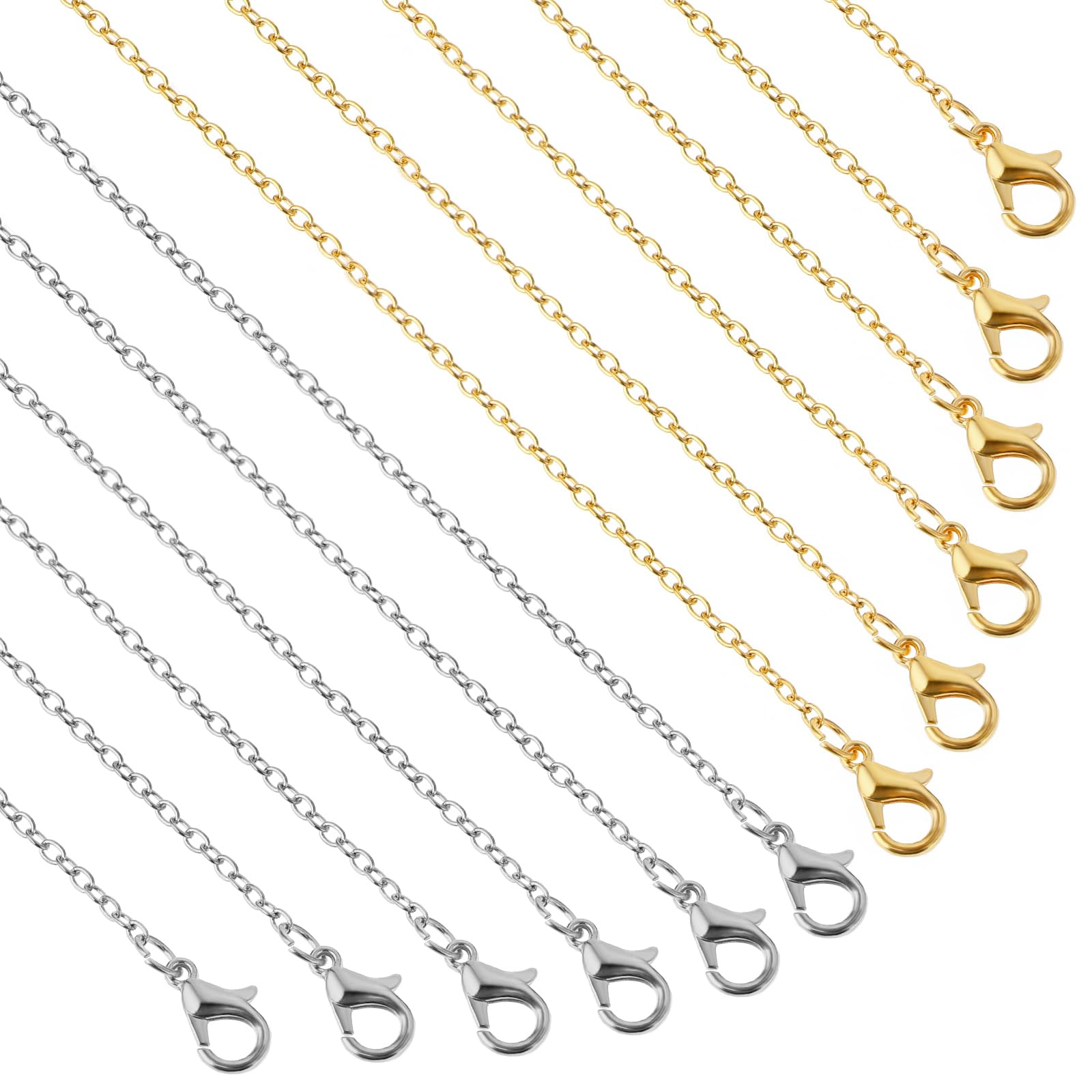 Qianyu 12 Pieces Necklace Chains for Jewelry Making with Lobster Clasp Gold and Silver Plated DIY Jewelry Charms Round Link Snake Necklace Chains for Girlfriend Wife Lover Mother 18 Inches