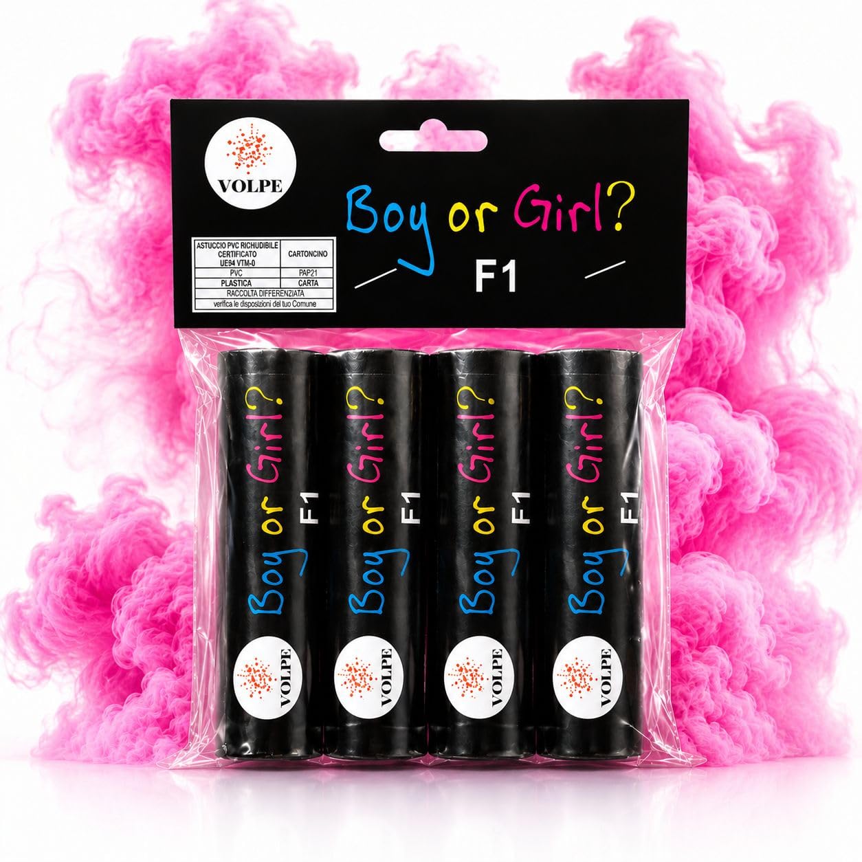 Gender Reveal Fumogeni Azzurro o Rosa – Kit 4 Pezzi Made in Italy – Effetto Fumo per Baby Shower e Annuncio Nascita – Cat.1 – Boy or Girl Party Smoke Bomb (Rosa)