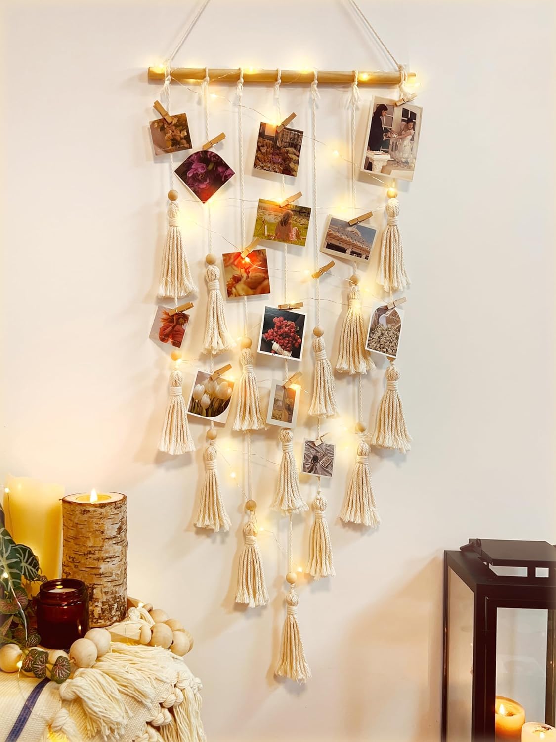 Fotos Aufhängen zum Aufhängen, Bildhalter mit 30 Clips für die Schlafzimmerwand, Organizer Foto Collage Wand Galerieaufhänger mit LED-Lichterkette, Raumdekoration, Geschenke für Mädchen (Weiß)