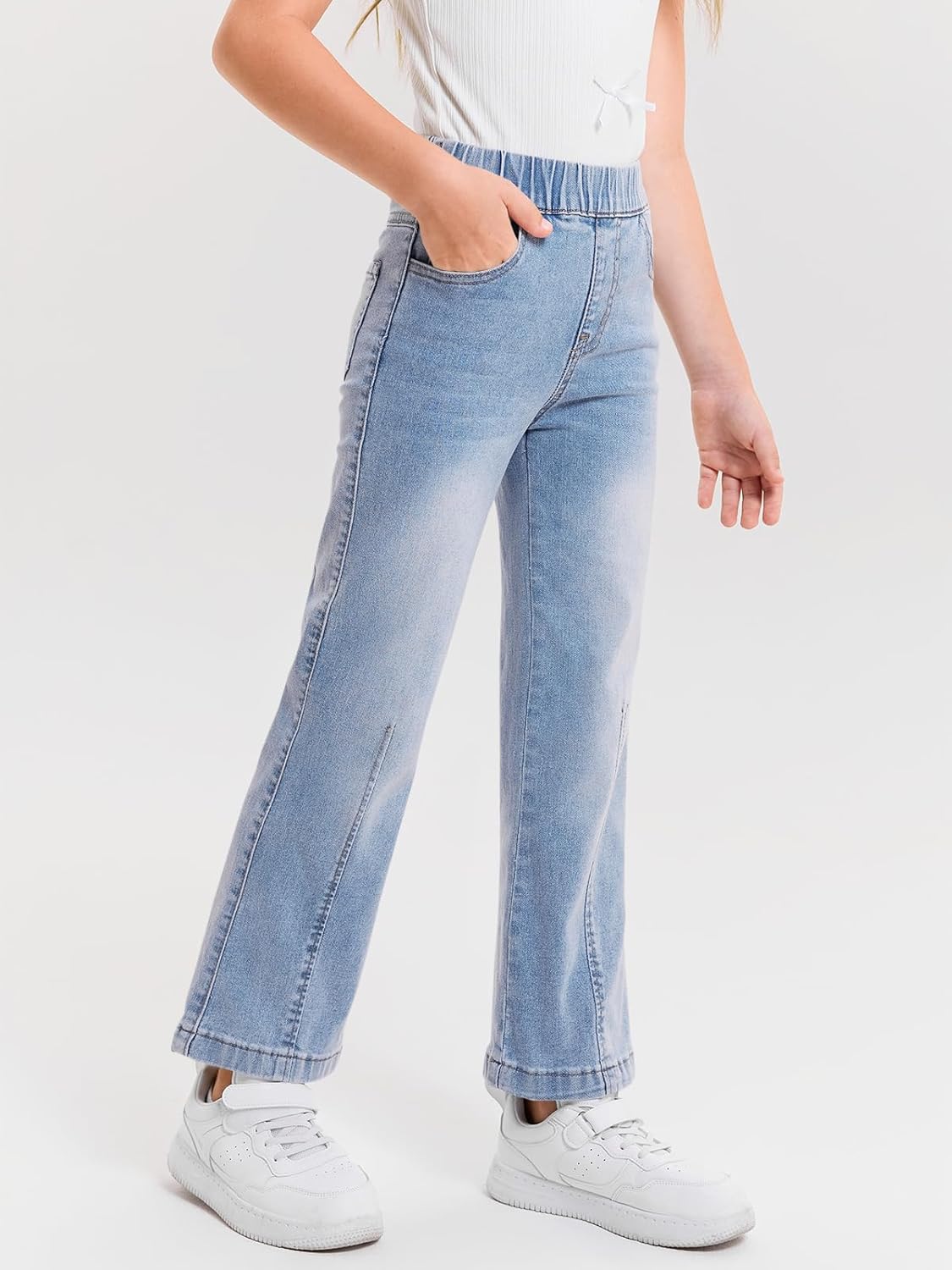 Haloumoning Girls Wide Leg Jeans Kids Elastic Waist Pull On Stretchy Baggy Denim Pants with Pockets 5-14 Years - Image 2