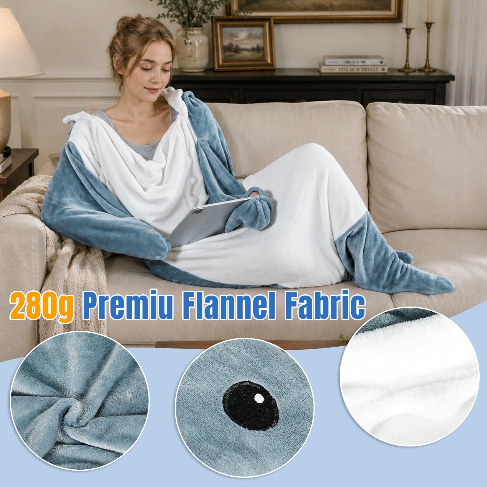 Hai Kostüm Hai Decke – Marshmallow Decke mit Kapuze, Weicher Flanell Onesie Schlafsack Tragbare Decke für Erwachsene Kinder - XL