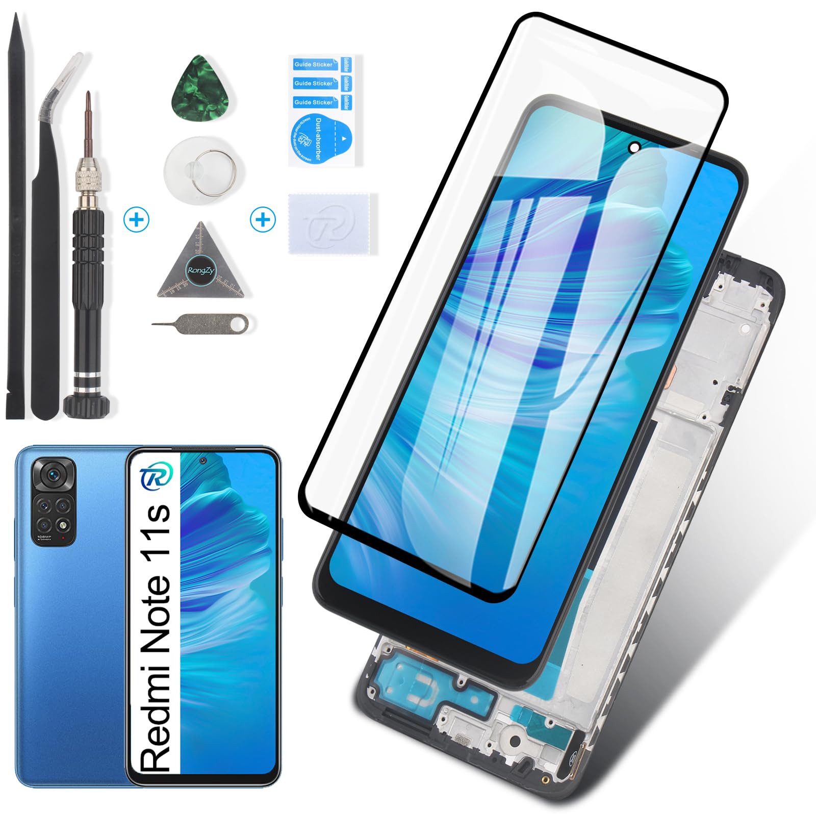 RongZy para Xiaomi Redmi Note 11S 2201117SG 2201117SI LCD+Pantalla Táctil Digitalizador Asamblea Reemplazo +Reparación Herramientas(Negro con Marco)
