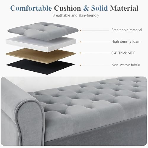 Miniatura 5 de ECOMEX Banco de almacenamiento de terciopelo para dormitorio, banco de extremo de cama con diseño de ventana de brazo enrollado, banco grande gris