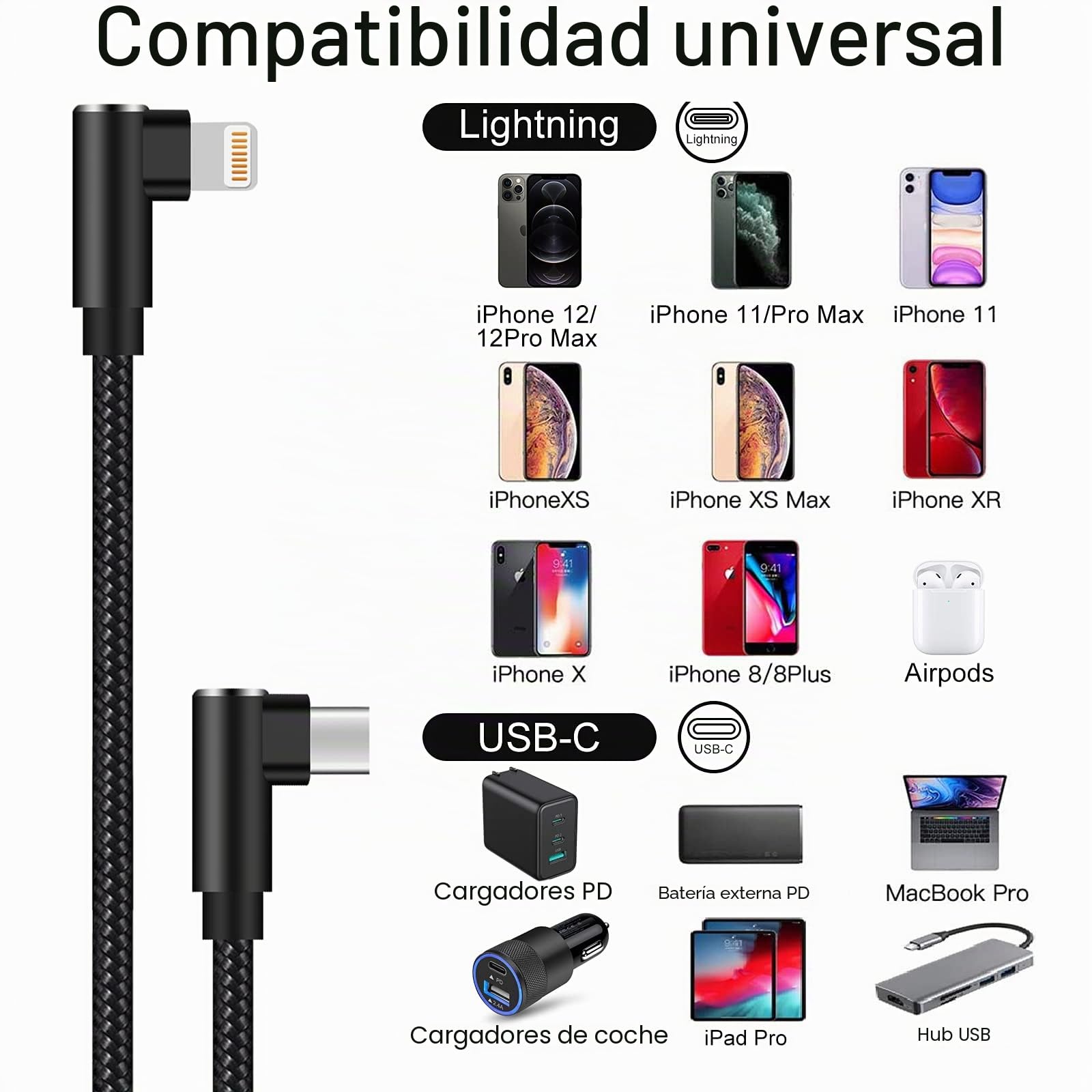Cable USB C a Lightning de 1 pie, paquete de 3 unidades, cargador de iPhone en ángulo recto certificado MFi, codo de 90 grados, cable Lightning a USB C para iPhone 14 13 12 11 Pro X XS XR 8