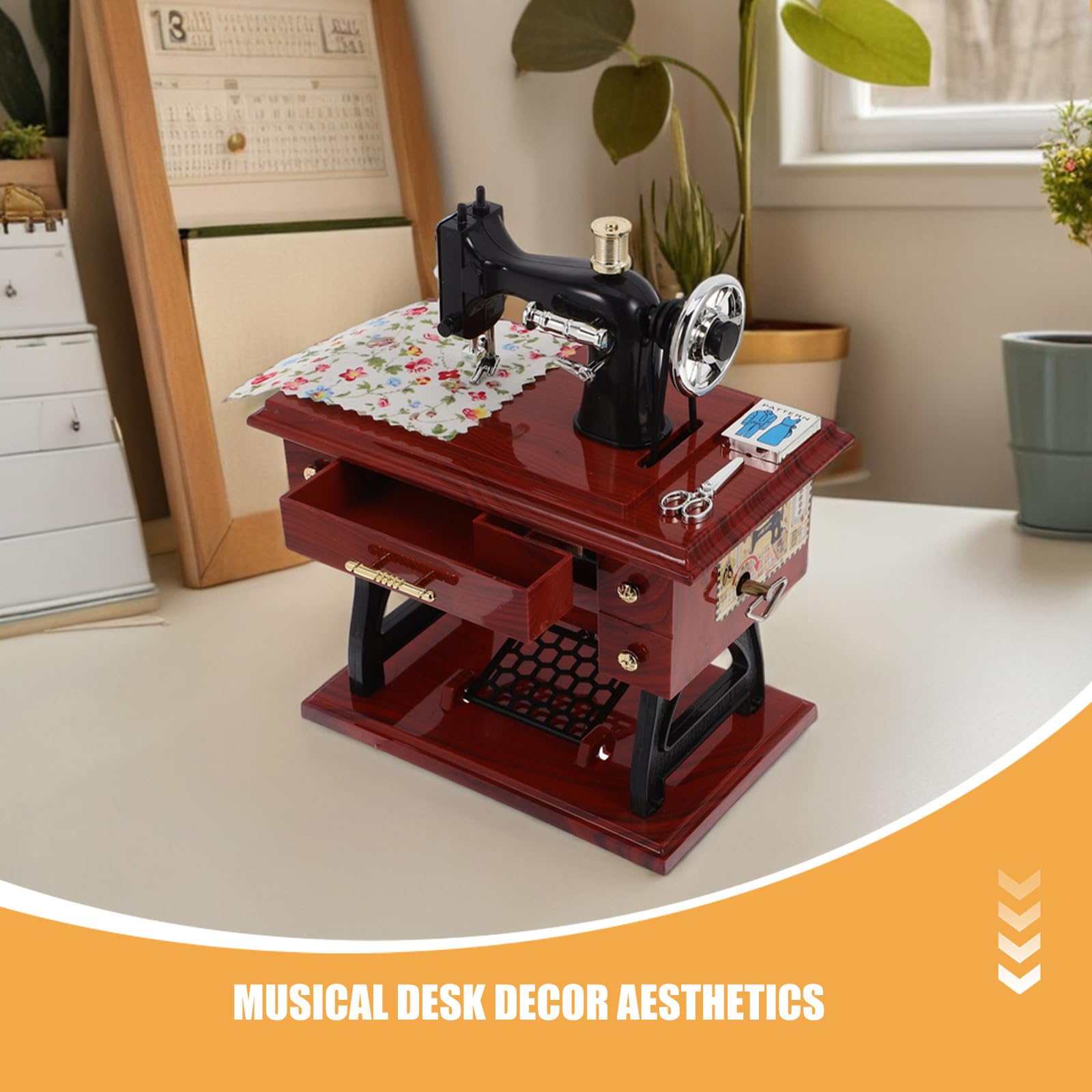 2-częściowa mini pozytywka do maszyny do szycia - zabytkowa pozytywka do szycia, mechanizm zegarowy - dekoracja biurka w stylu retro, klasycznym, do rękodzieła domowego, dekoracja stołu