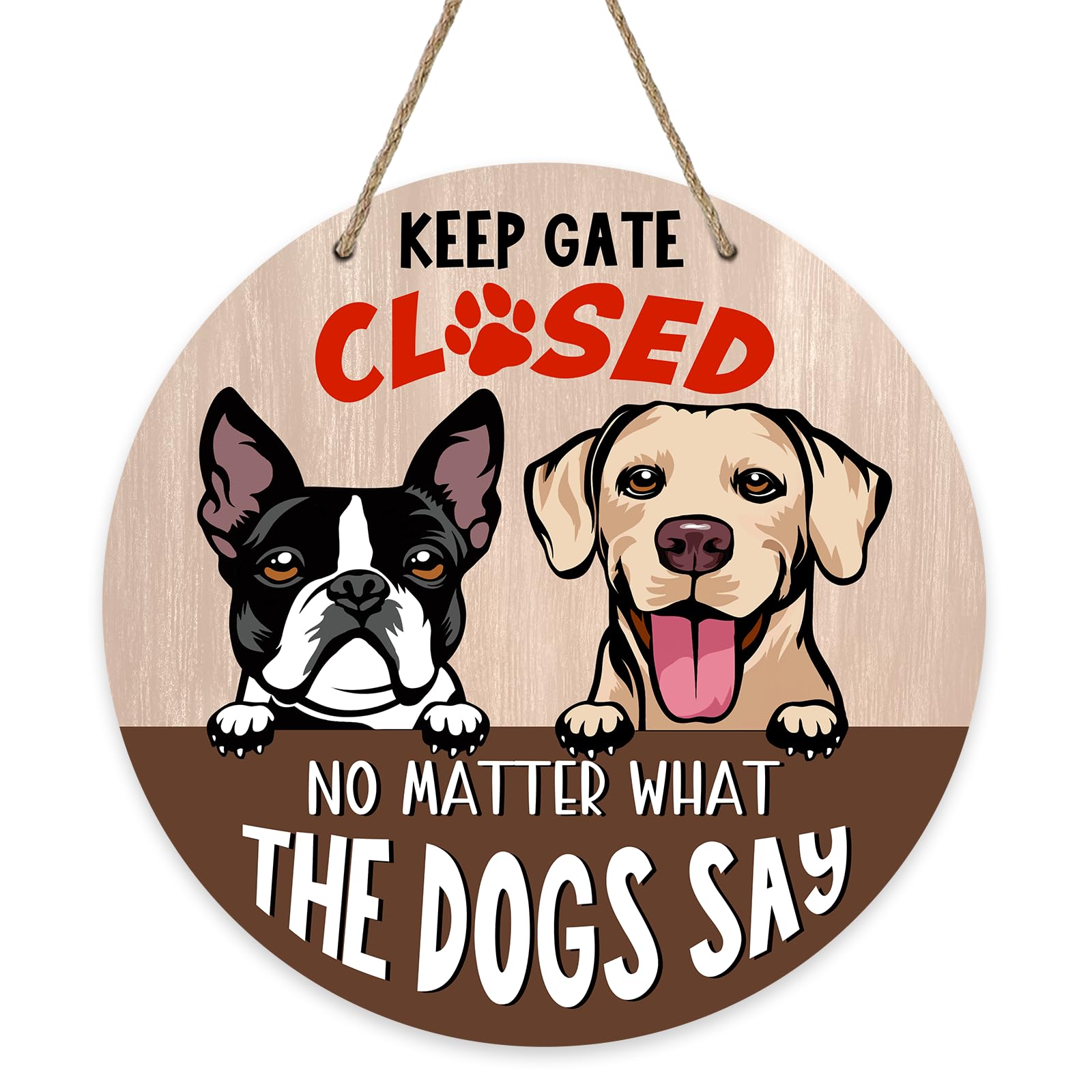 Bolisom Keep Gate Closed Dogs Front Door Sign, Golden Retriever Boston Terrier Pet Wood Door Hanger Outdoor Outside Porch Decor, Funny Farmhouse Wooden Wreath Indoor Wall Hanging Decoration-image-8